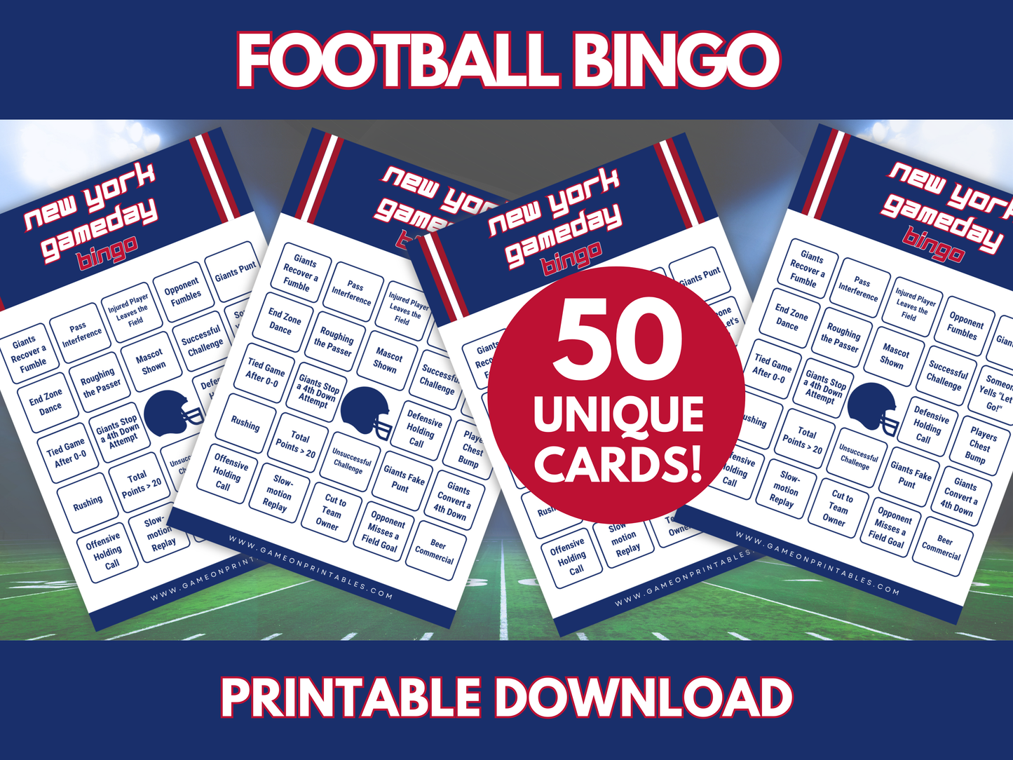 NY Game Day Football Bingo Cards