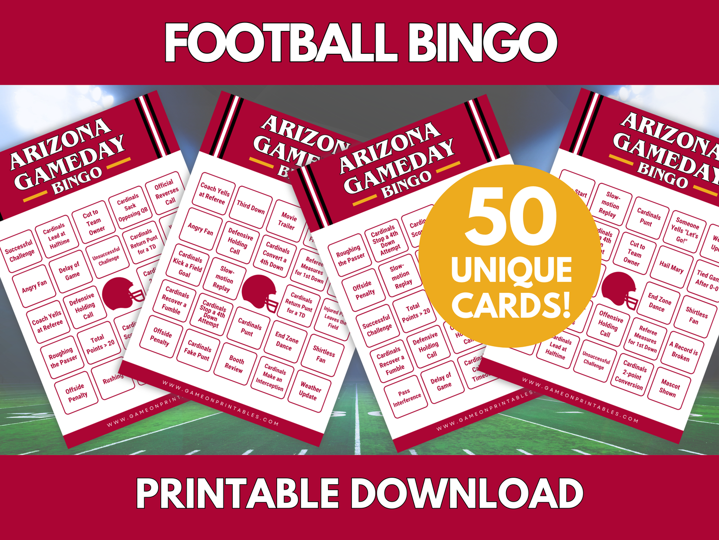 Arizona Game Day Football Bingo Cards
