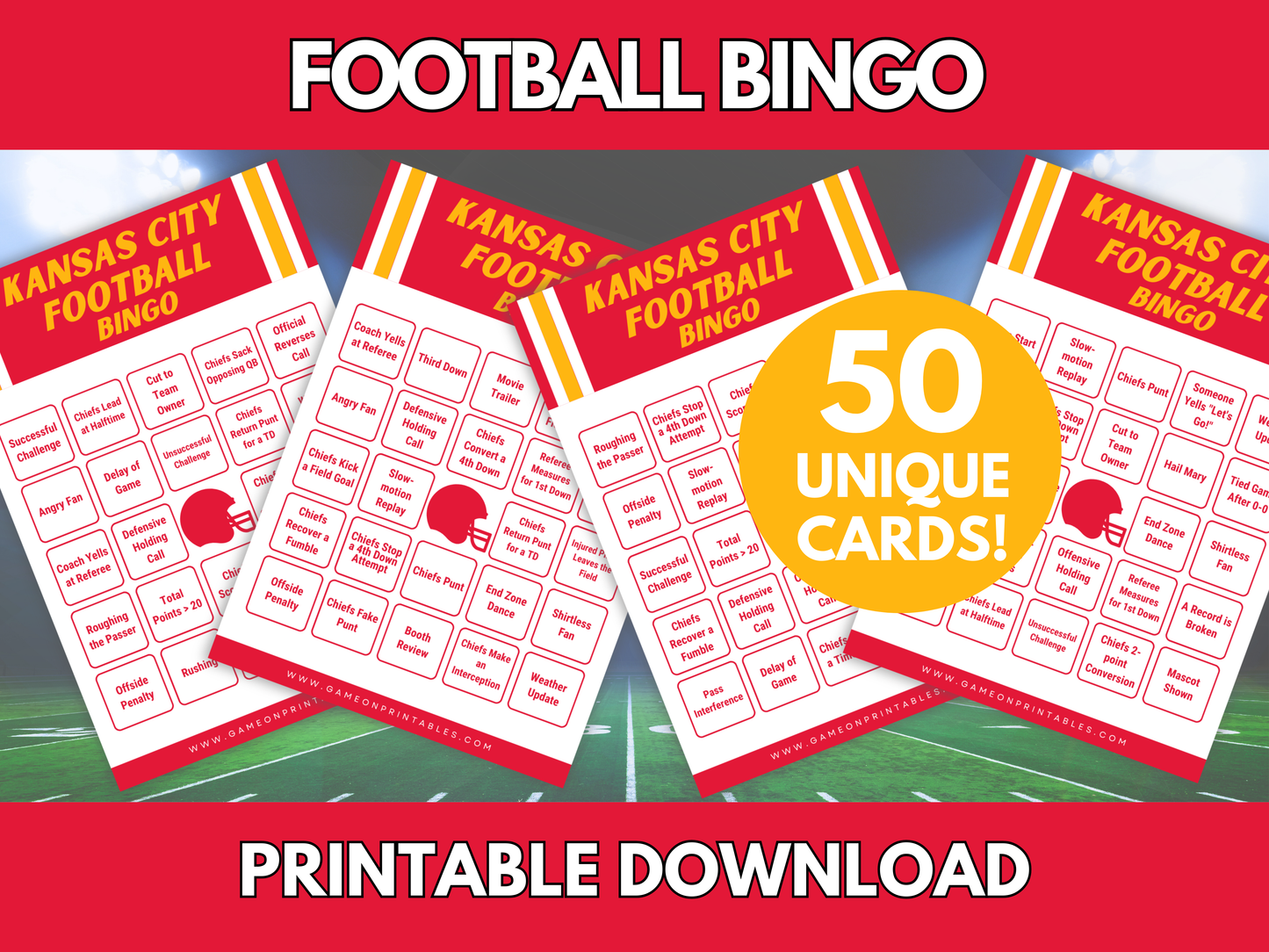 Kansas City Game Day Football Bingo Cards