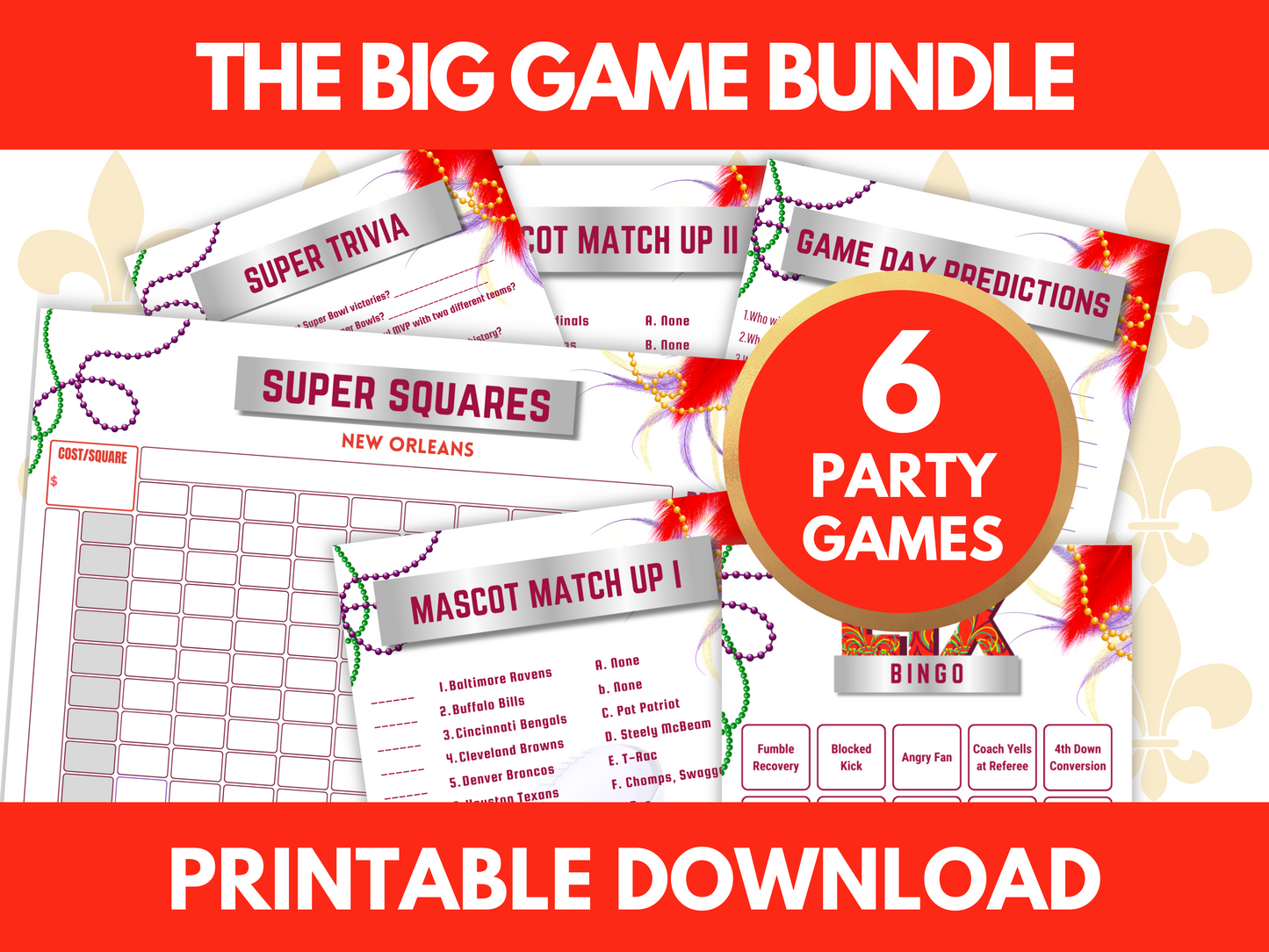 Superbowl Party Games - Bingo, Trivia, Football Pool Squares