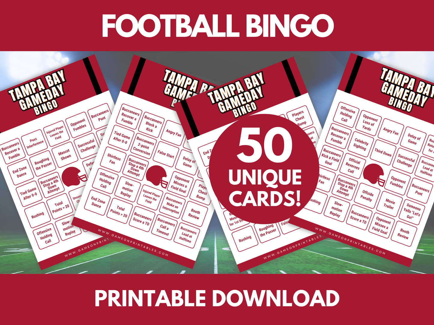 Tampa Bay Game Day Football Bingo Cards