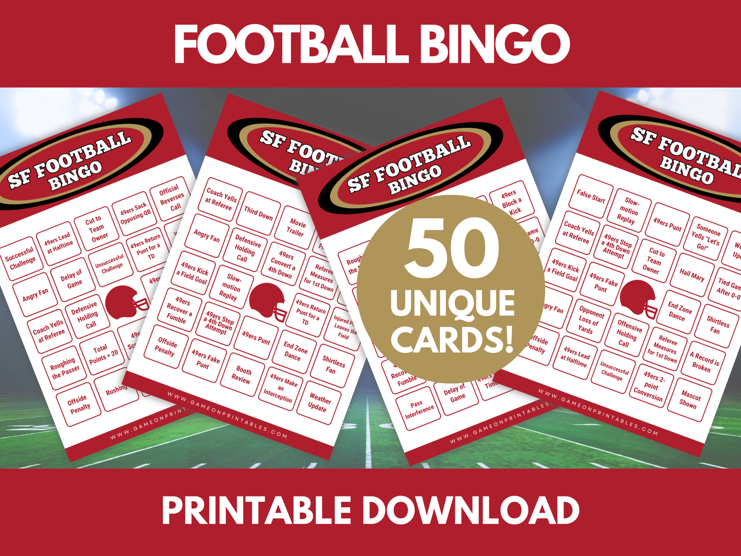 SF San Francisco Game Day Football Bingo Cards