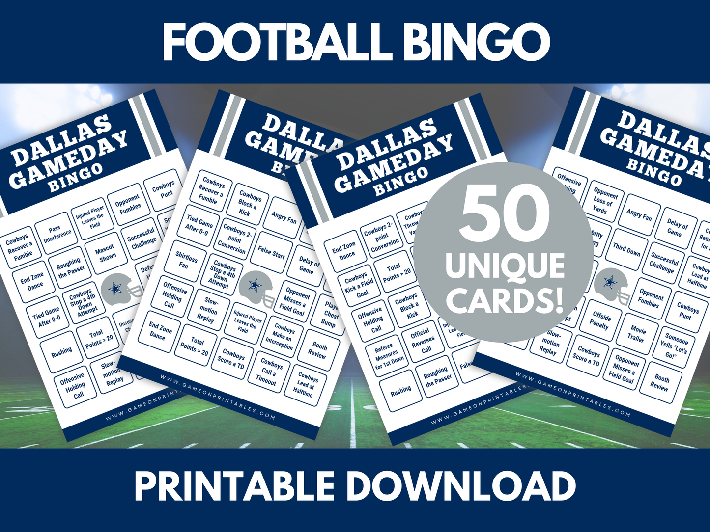 Dallas Game Day Football Bingo Cards