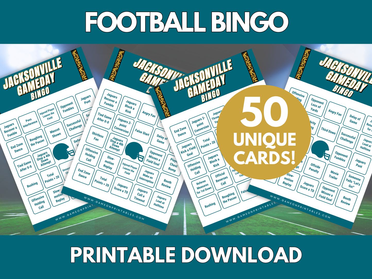 Jacksonville Game Day Football Bingo Cards