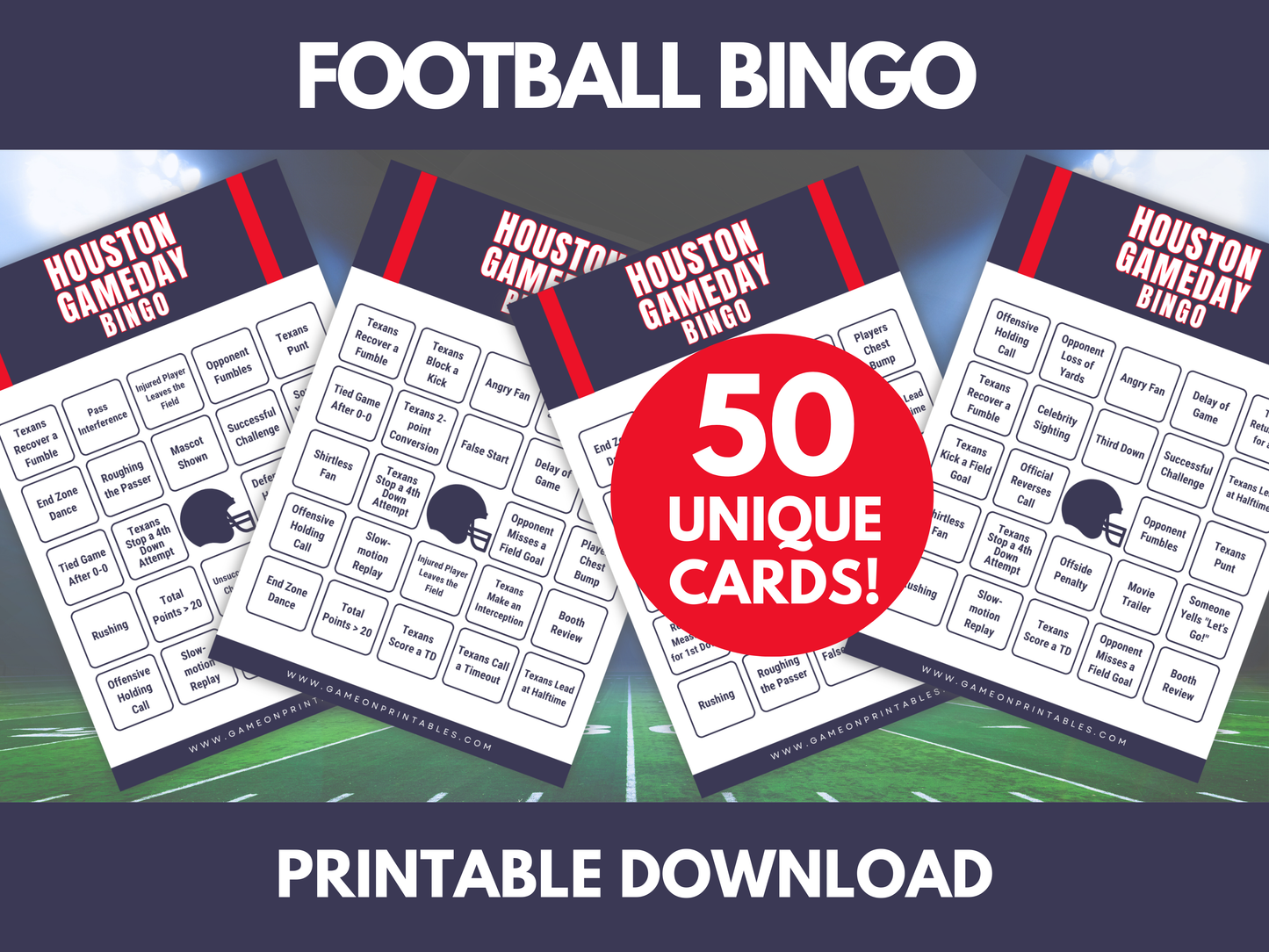 Houston Football Game Day Bingo Game