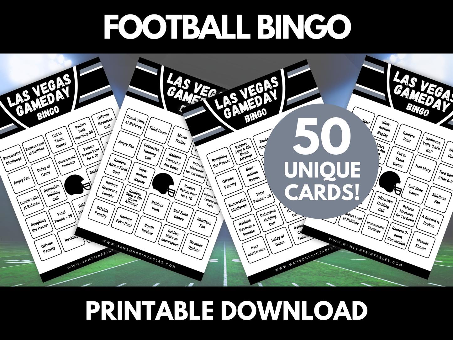 Las Vegas Football Bingo | Game Day Bingo | Football Party Games | 50 Printable Bingo Cards