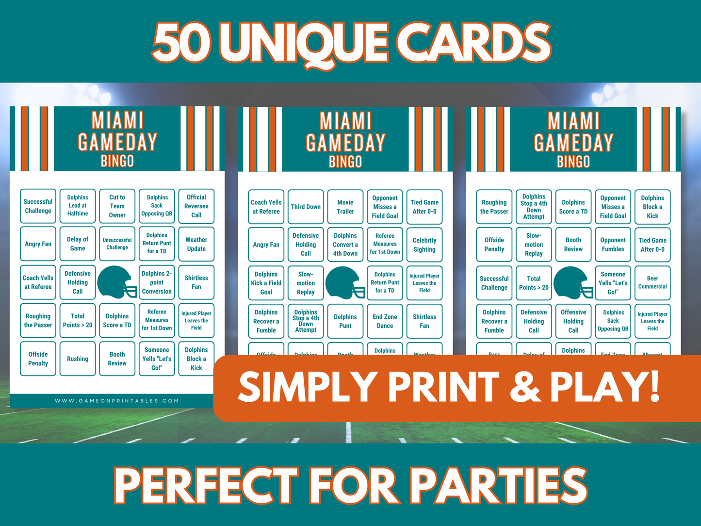 Miami Game Day Football Bingo Cards