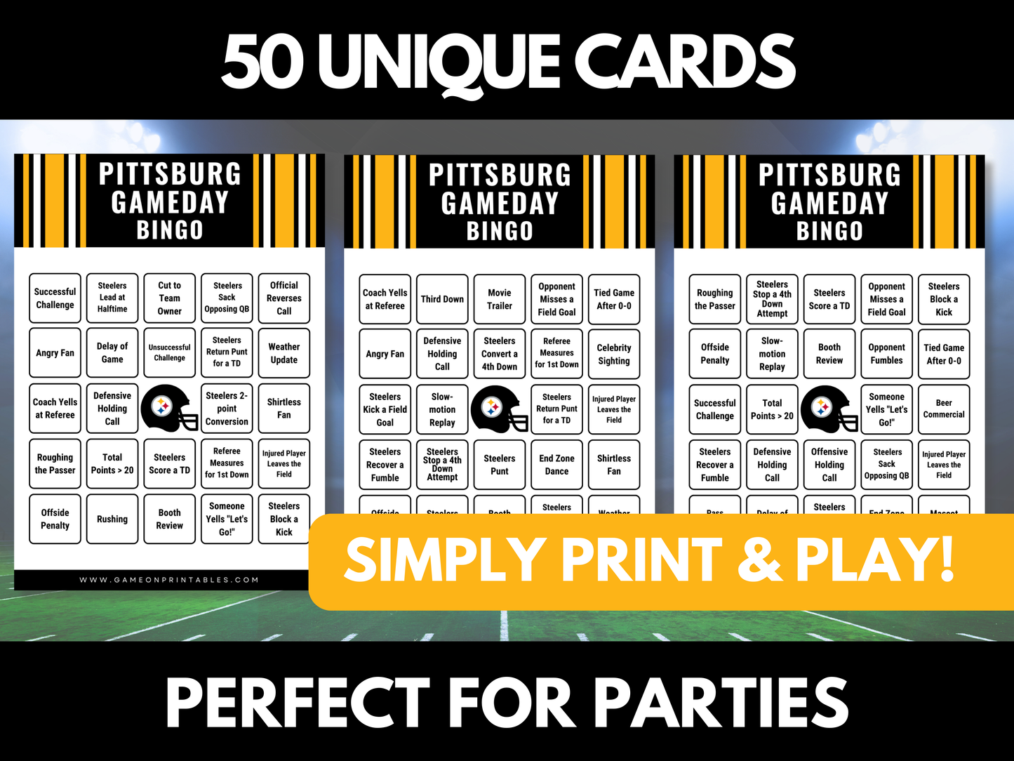Pittsburg Game Day Football Bingo Cards