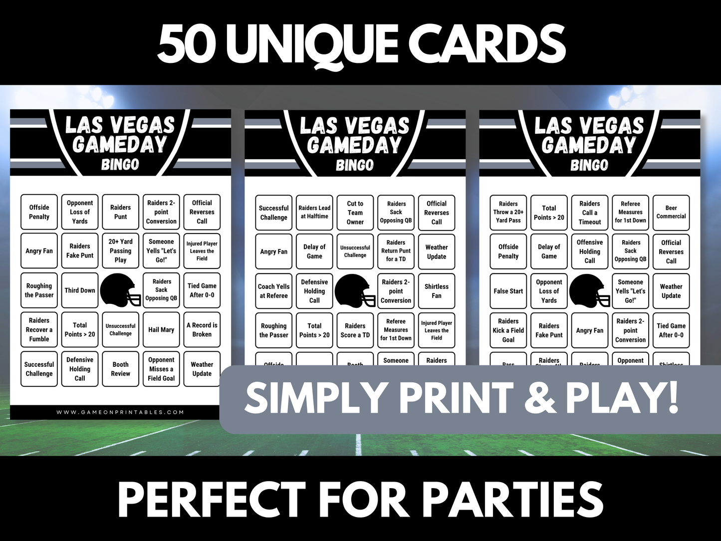 Las Vegas Football Bingo | Game Day Bingo | Football Party Games | 50 Printable Bingo Cards
