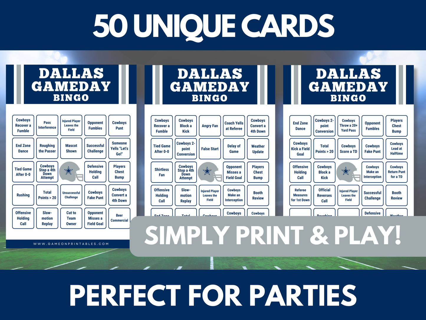 Dallas Game Day Football Bingo Cards