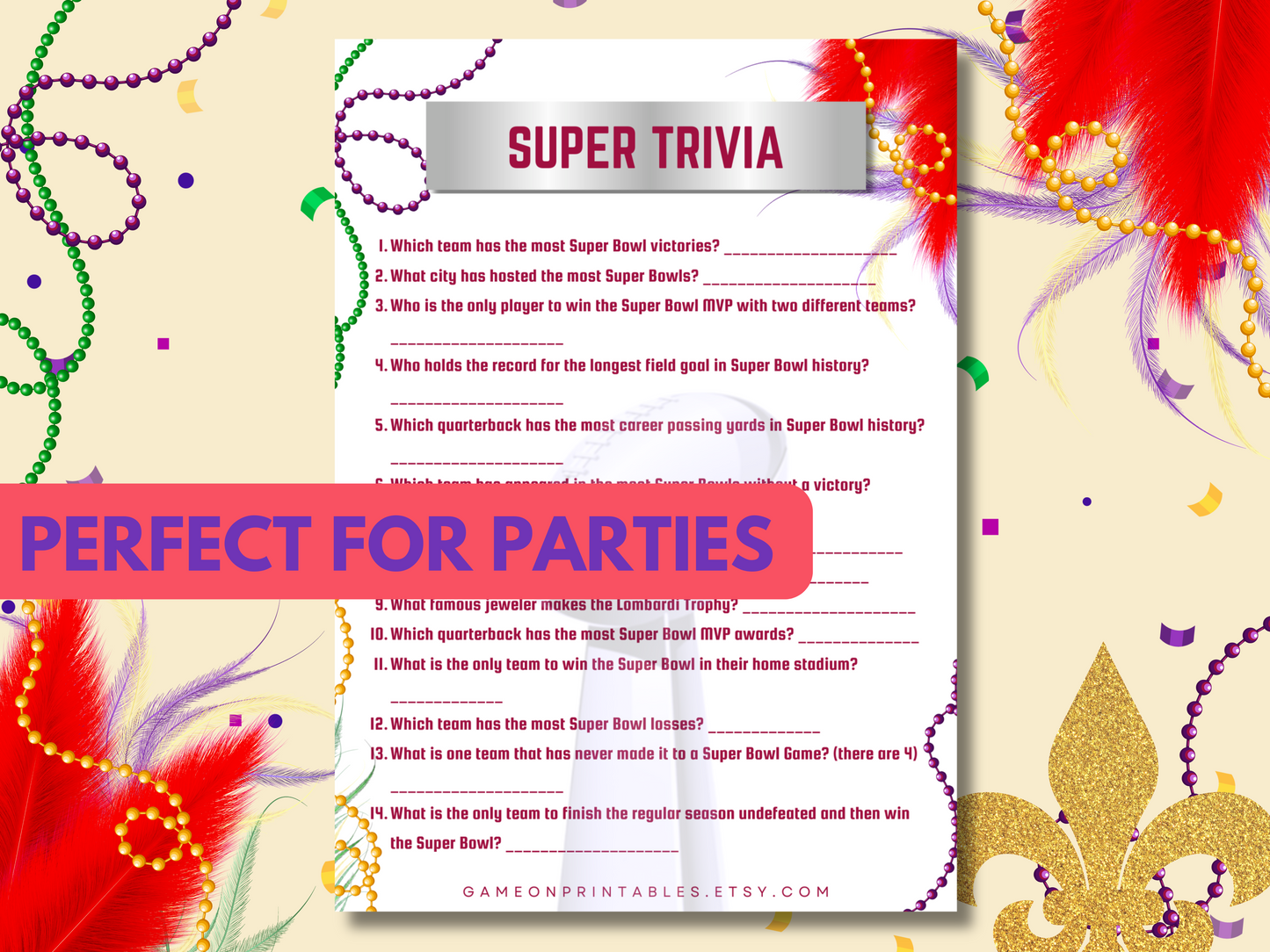 Superbowl Party Games - Bingo, Trivia, Football Pool Squares