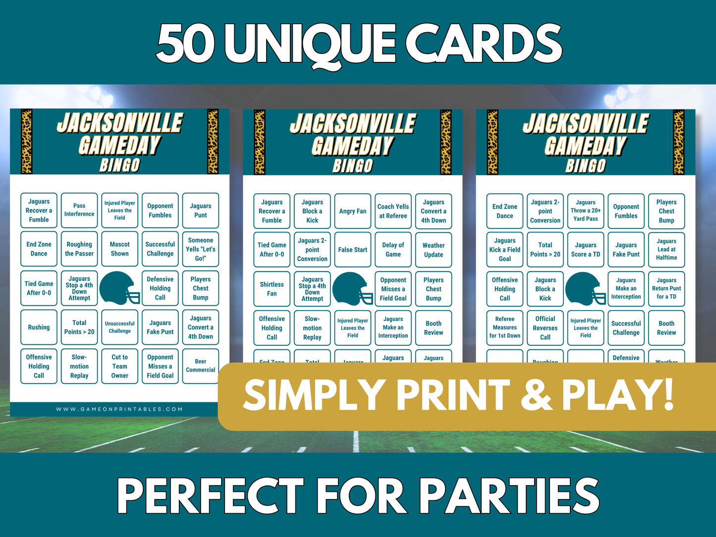 Jacksonville Game Day Football Bingo Cards