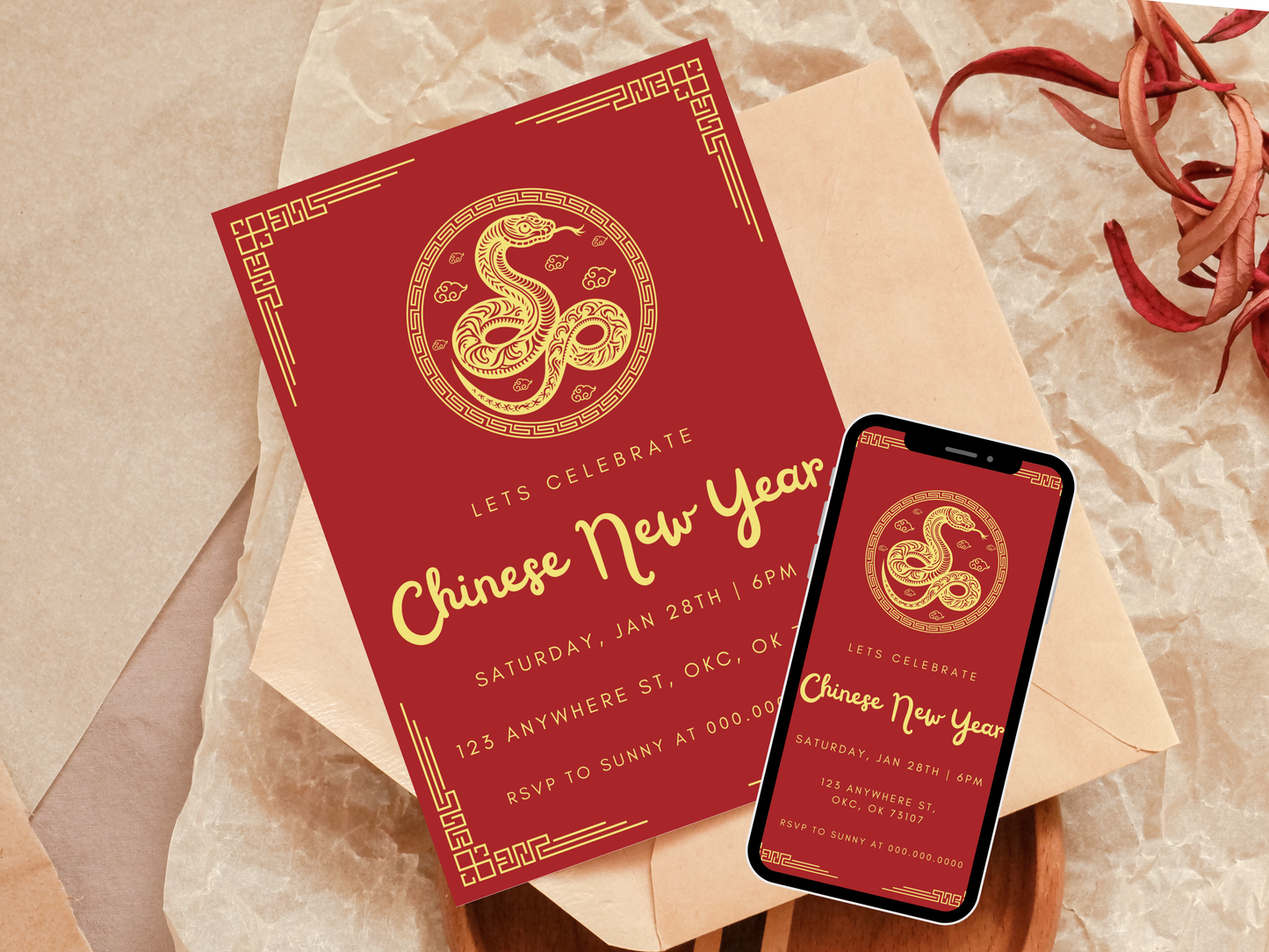 Chinese New Year, Year of the Snake party invitation