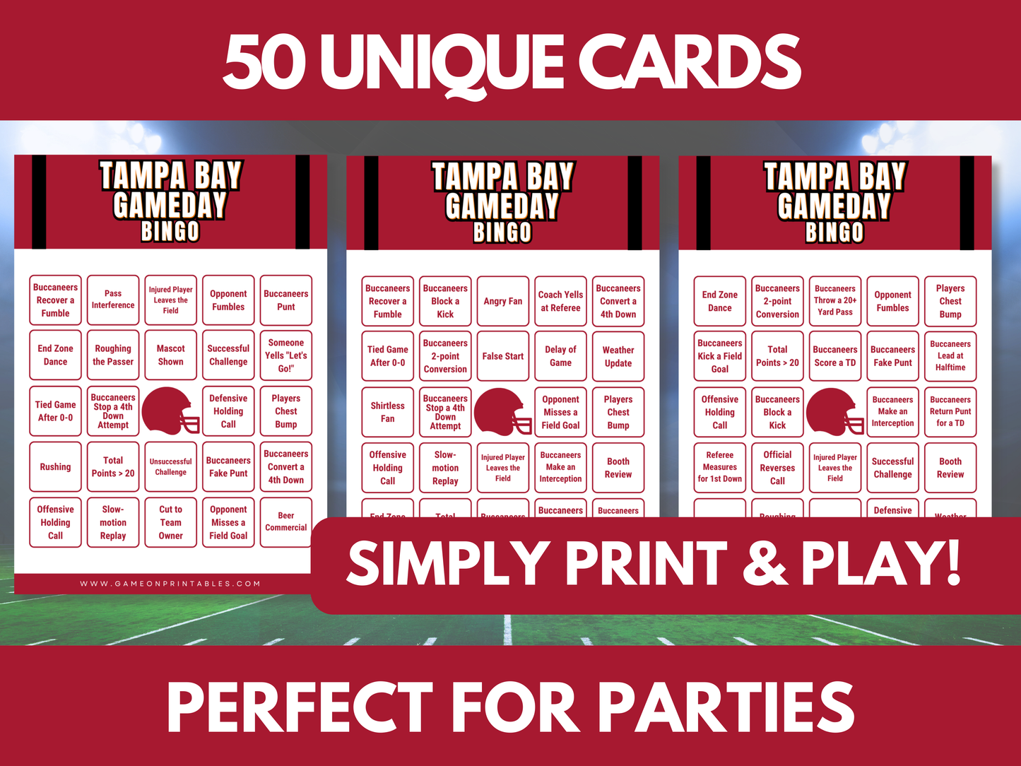 Tampa Bay Game Day Football Bingo Cards