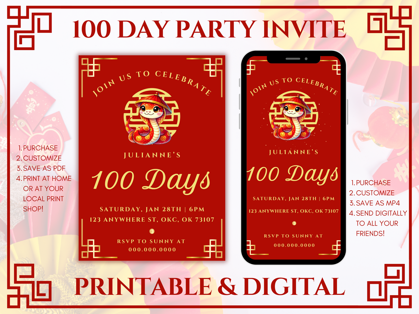 year of the snake 100 day invitation
