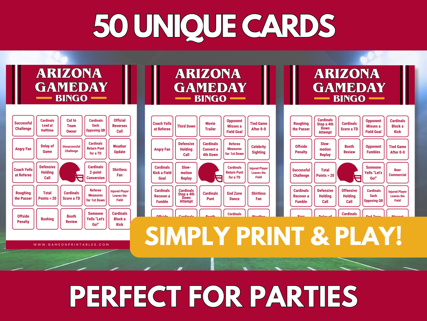 Arizona Game Day Football Bingo Cards