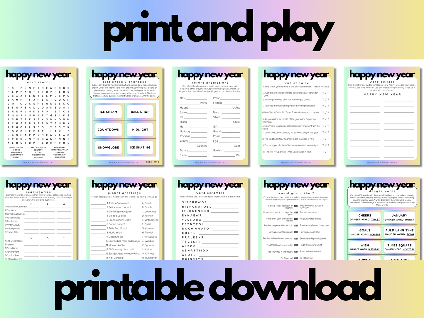 New Years Game Bundle | NYE Party Games | 2024 Year In Review | 2025 Resolutions | Printable Games