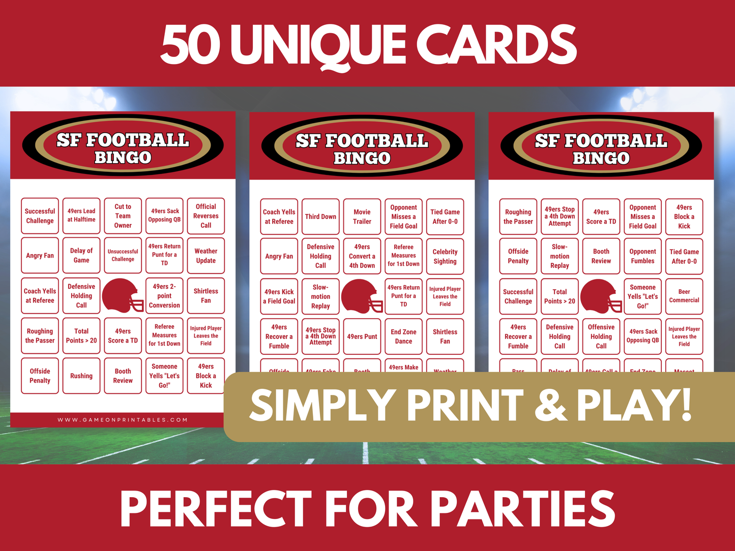 SF San Francisco Game Day Football Bingo Cards