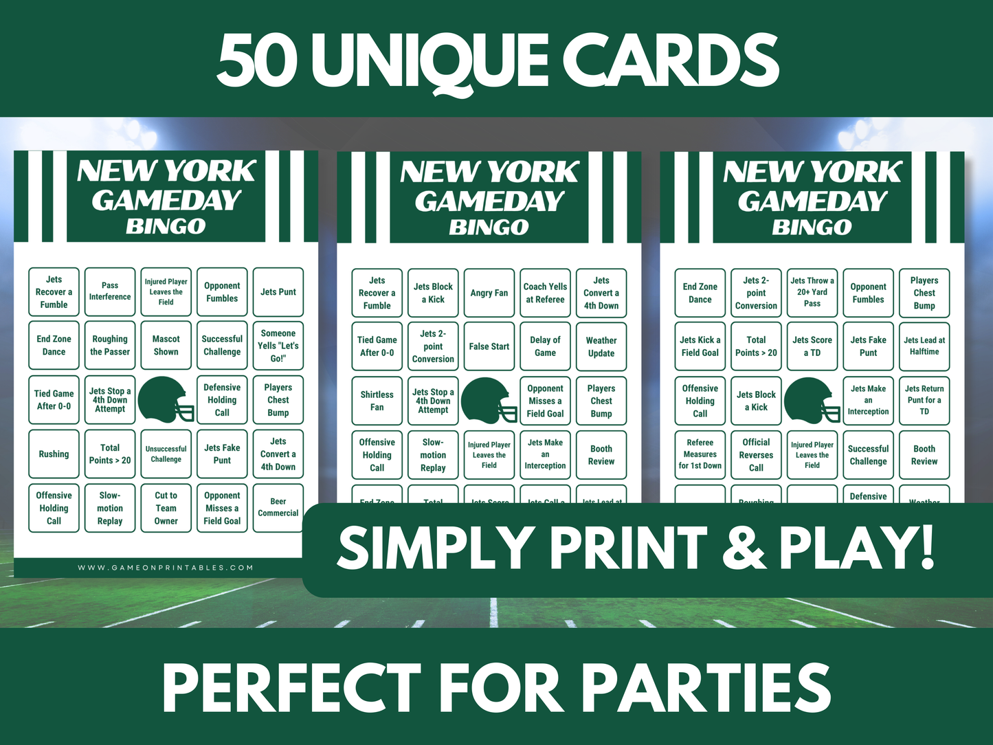 NY Football Bingo | NY Game Day Bingo | Football Party Games | 50 Printable Bingo Cards