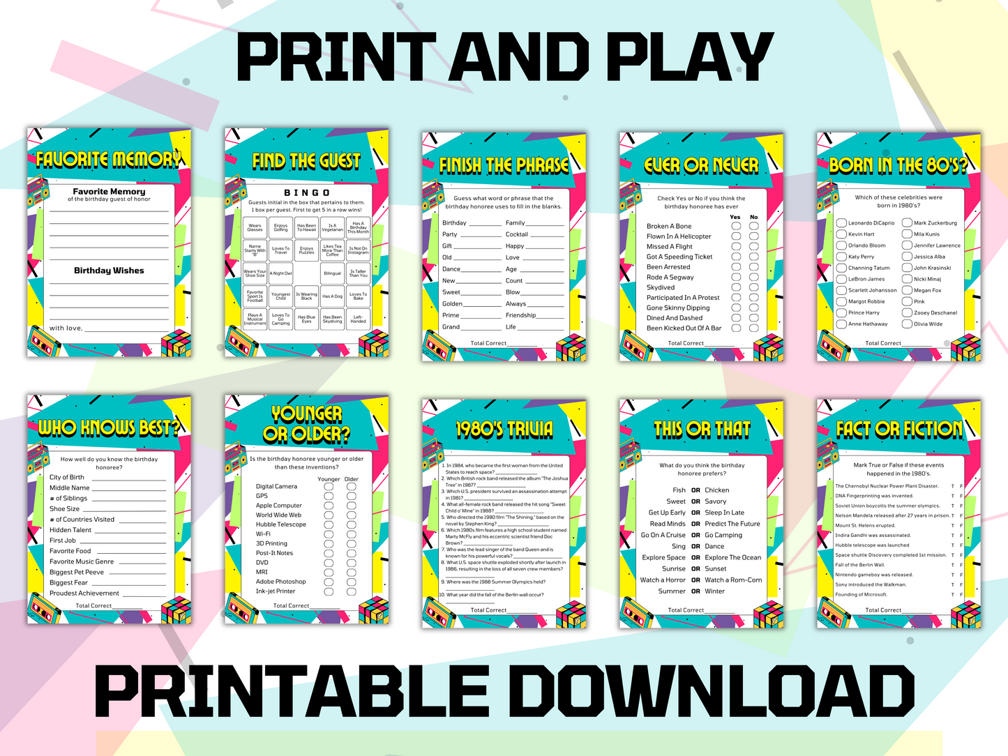 80s themed printable birthday party games