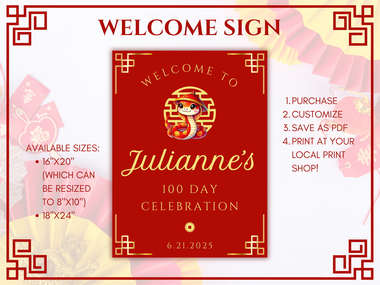 year of the snake 100 day party Welcome sign