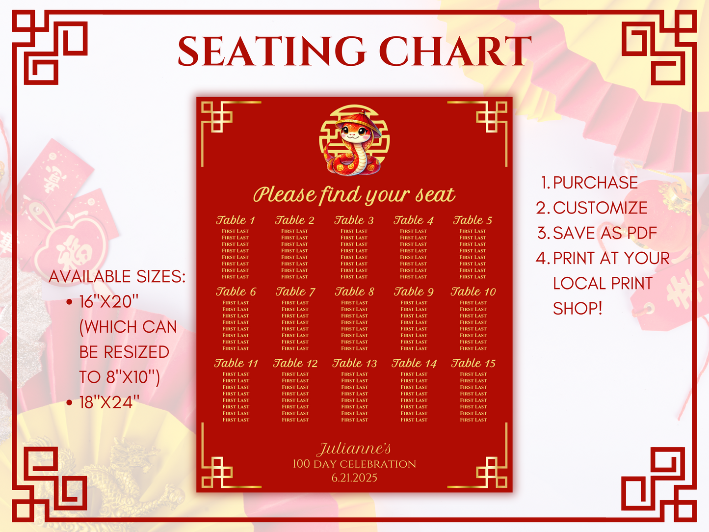 year of the snake 100 day party Seating Chart