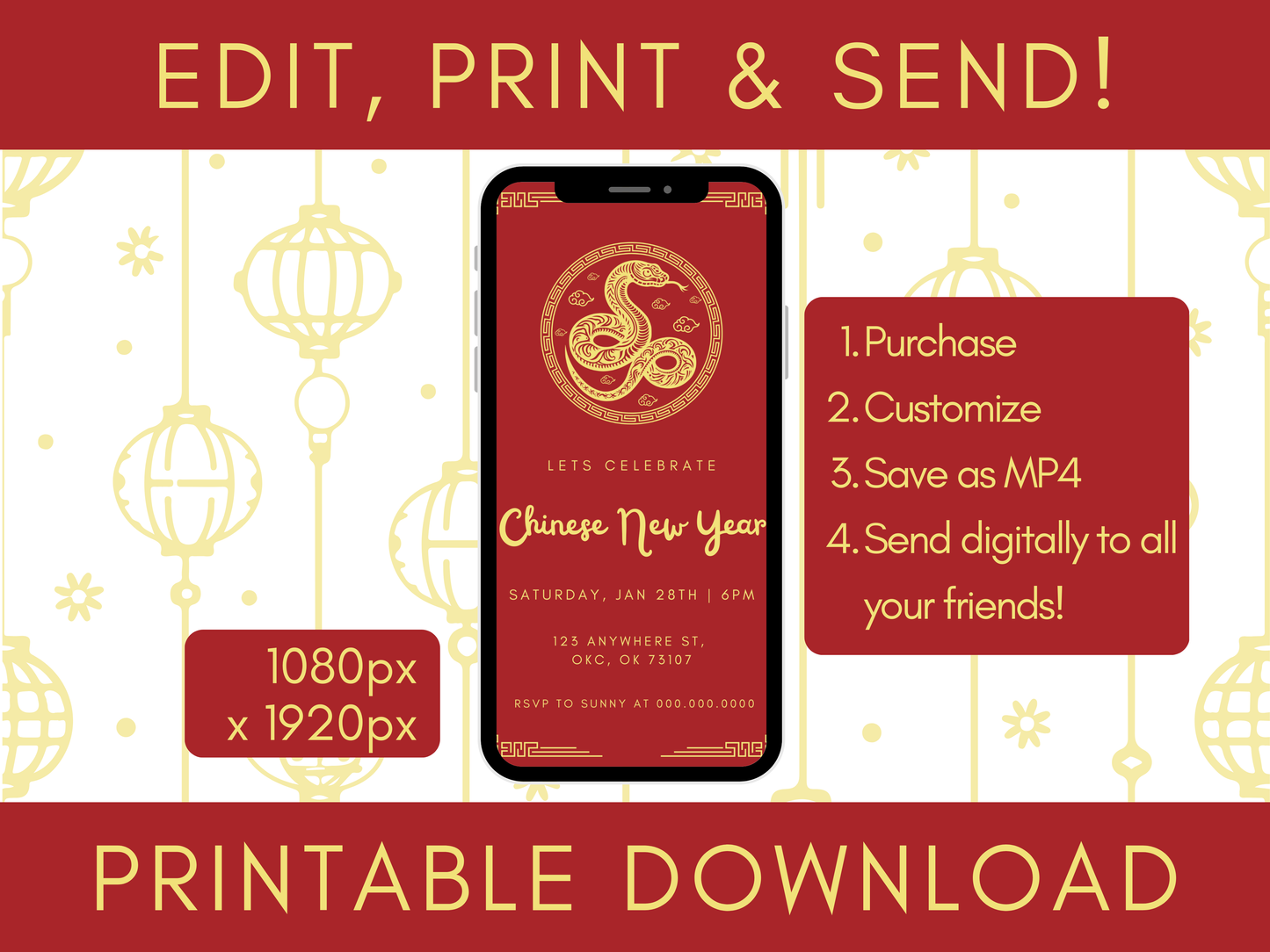 Chinese New Year, Year of the Snake party invitation