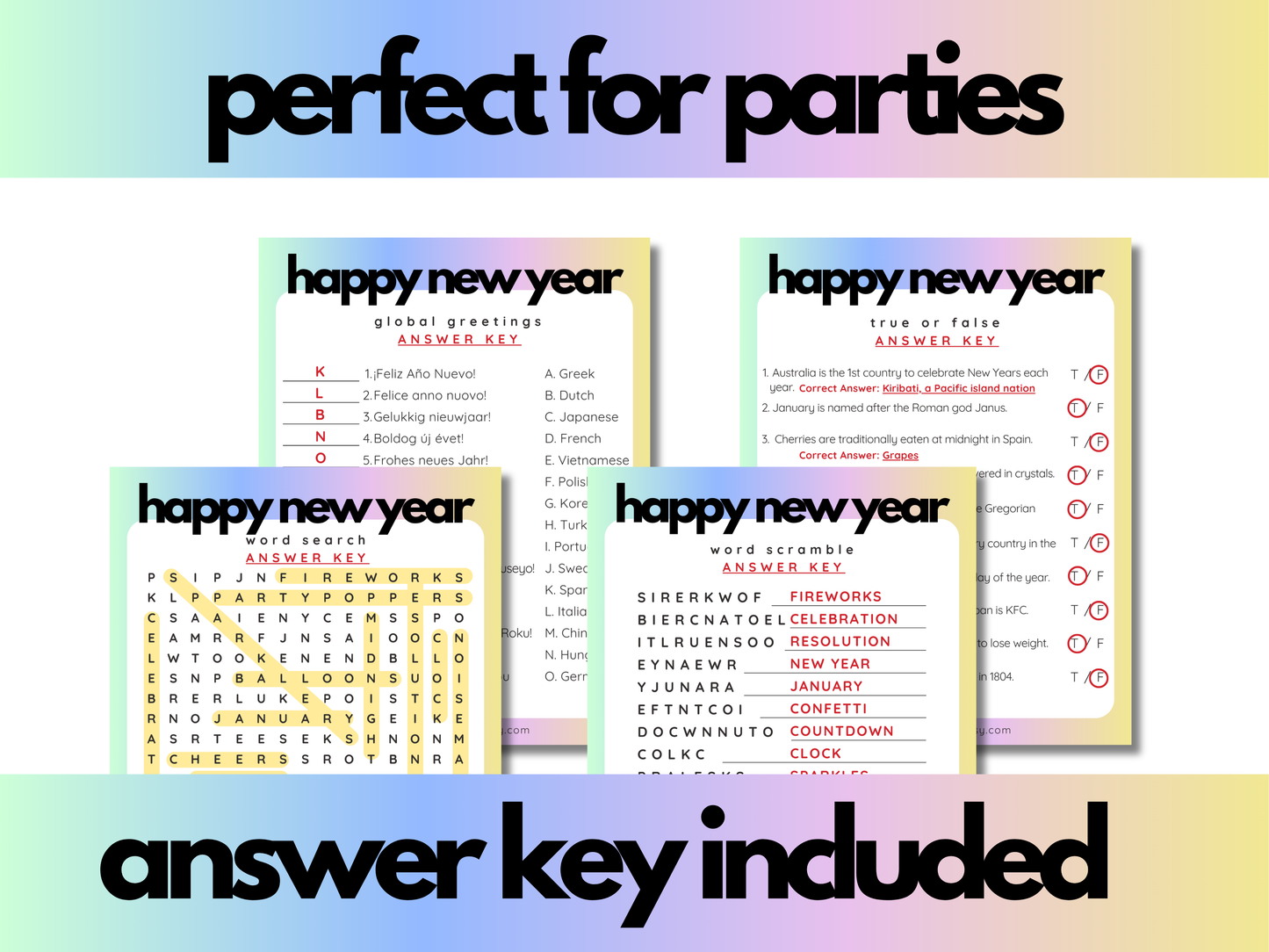 New Years Game Bundle | NYE Party Games | 2024 Year In Review | 2025 Resolutions | Printable Games