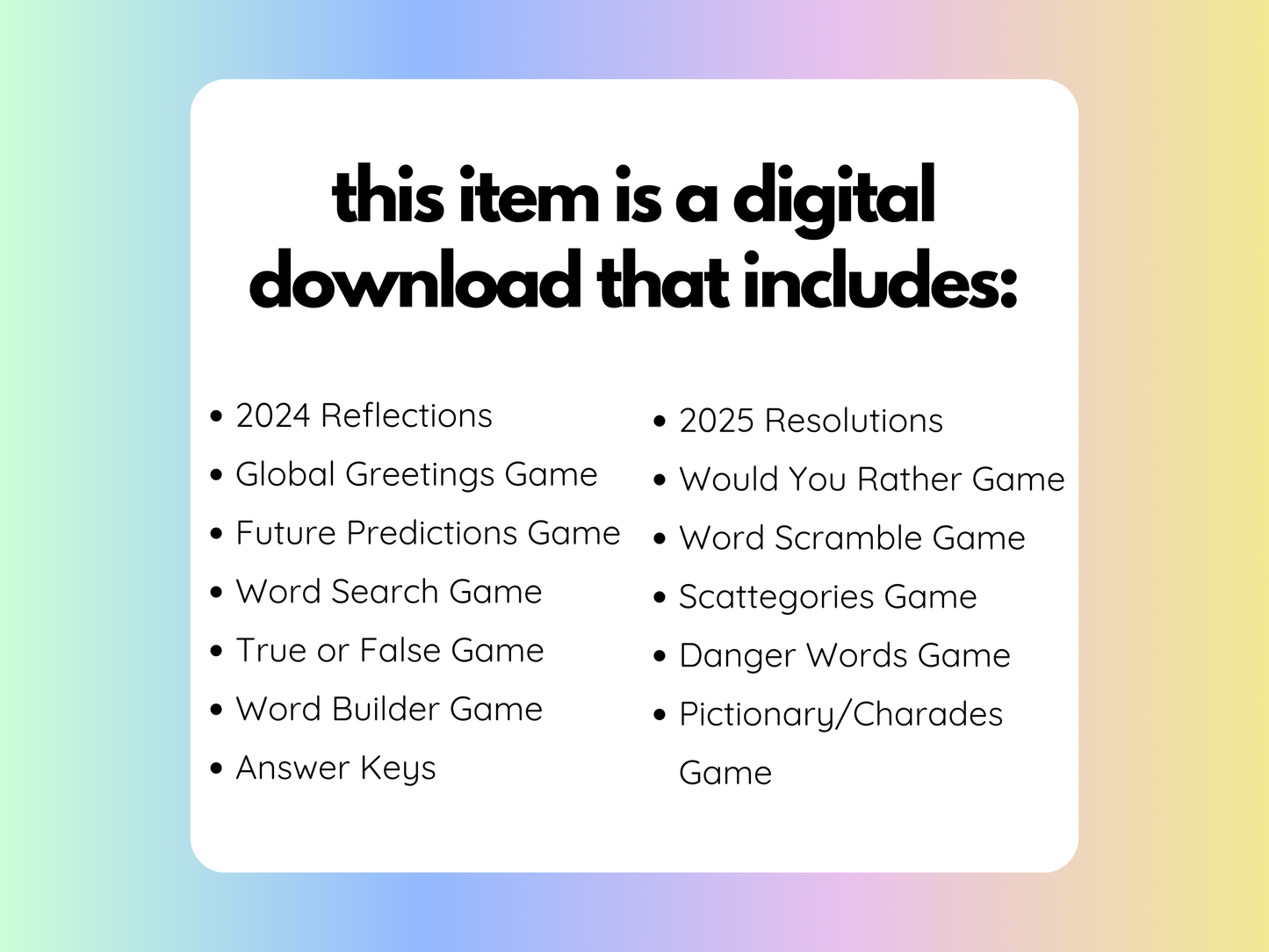 New Years Game Bundle | NYE Party Games | 2024 Year In Review | 2025 Resolutions | Printable Games