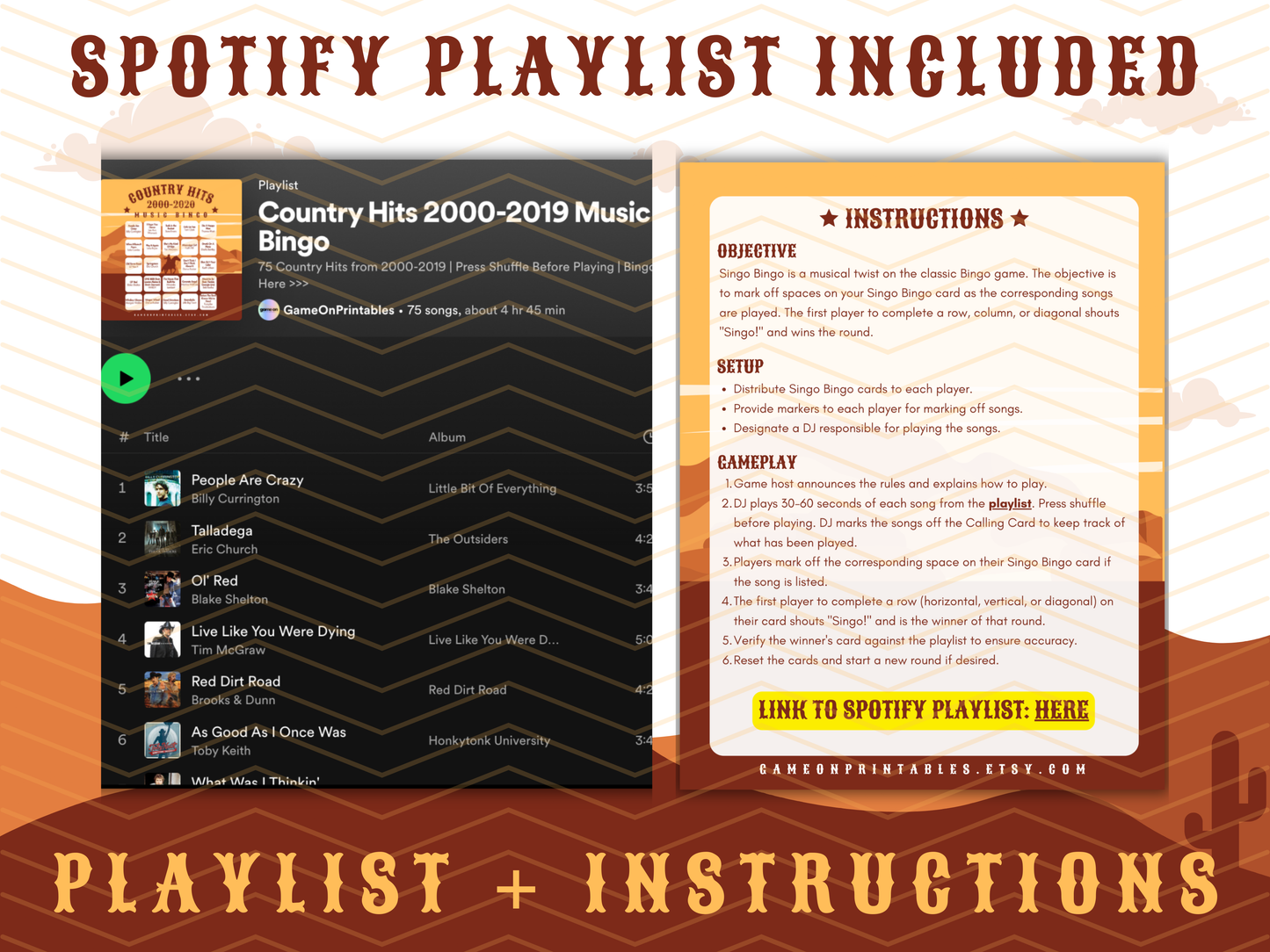 Country Hits Music Bingo with Playlist