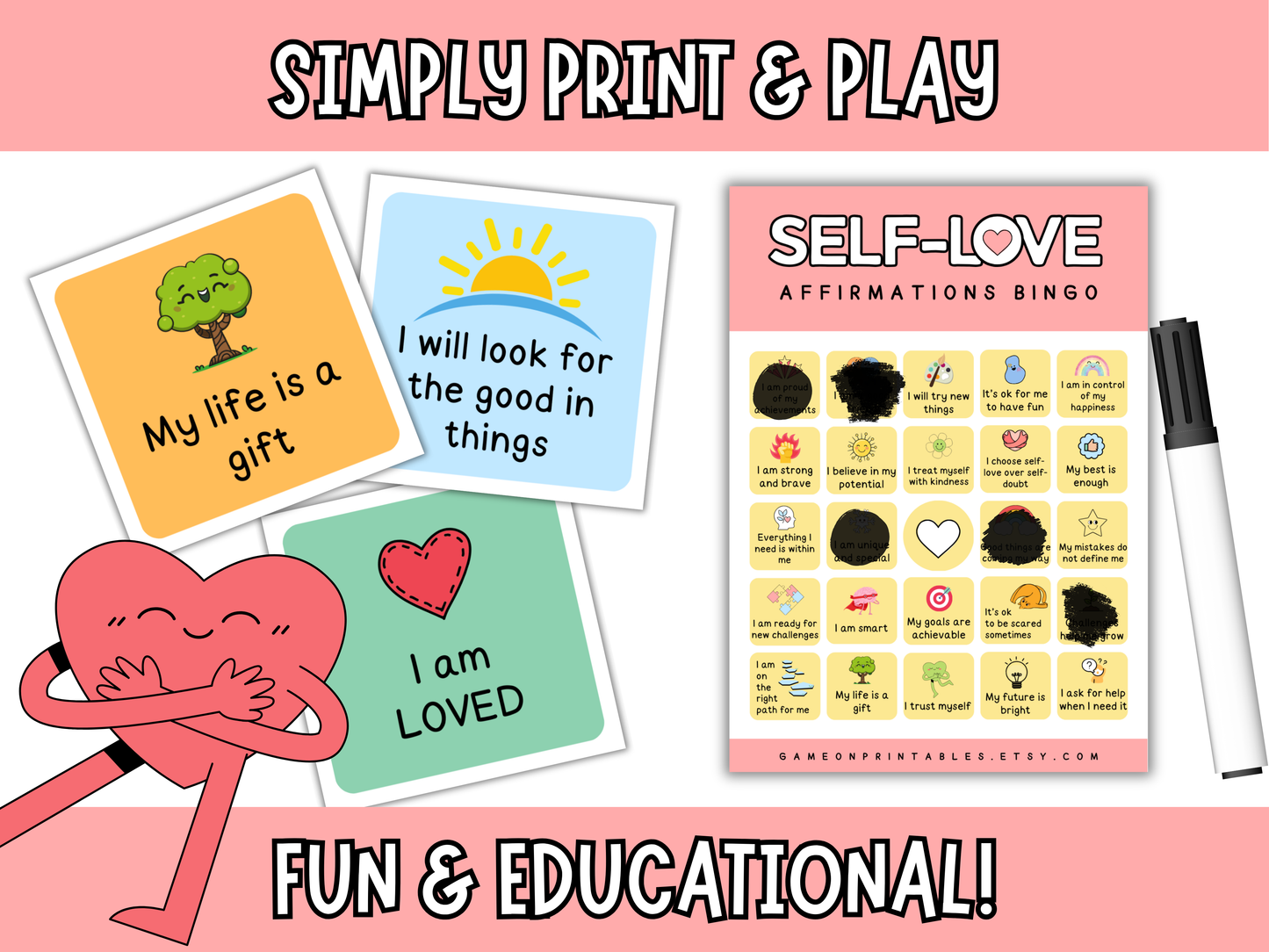 self-love affirmations bingo cards