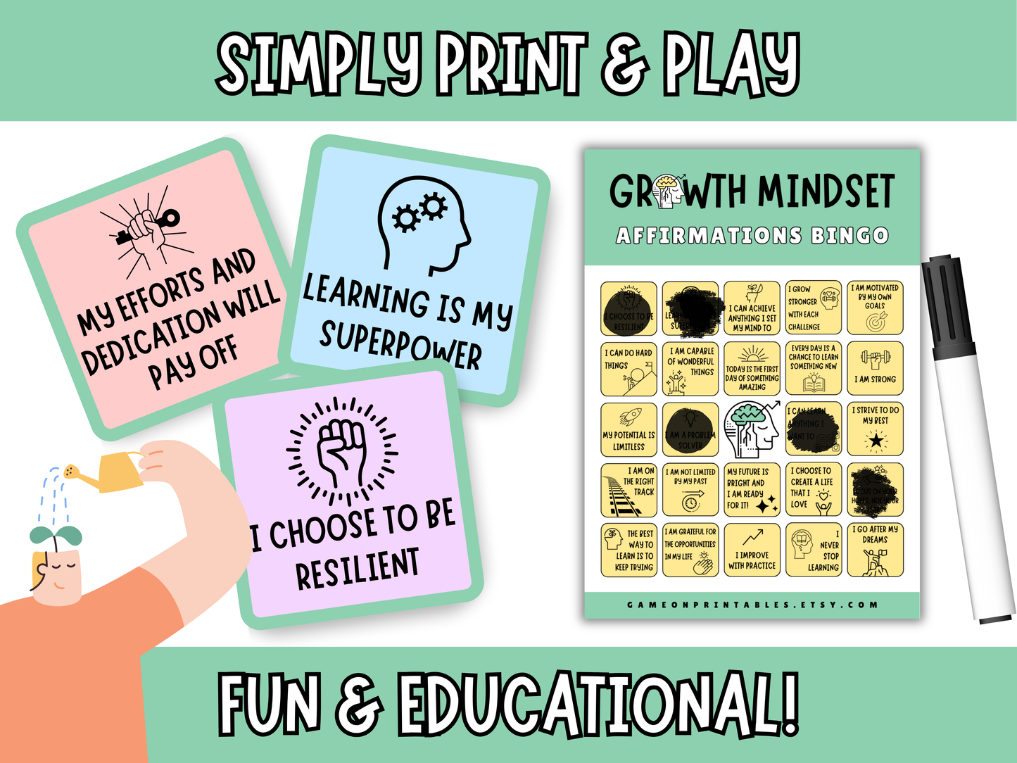 Affirmations Bingo Card Set for Kids