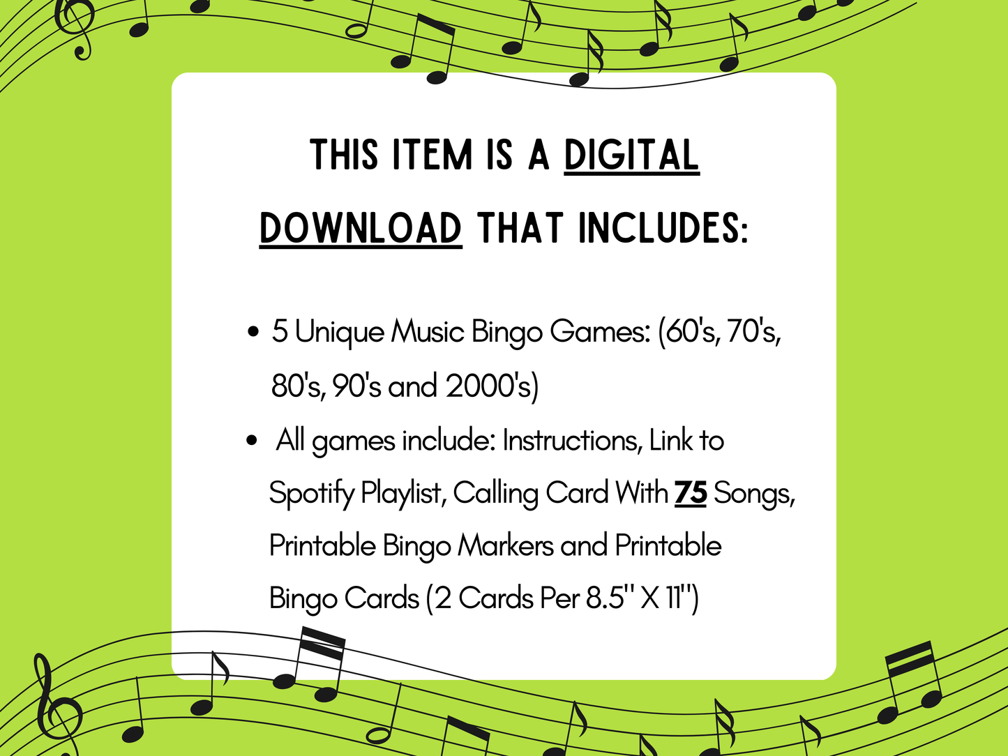 5-Pack Music Bingo With Playlist | 60s, 70s, 80s, 90s, 2000s Bingo | Printable Games