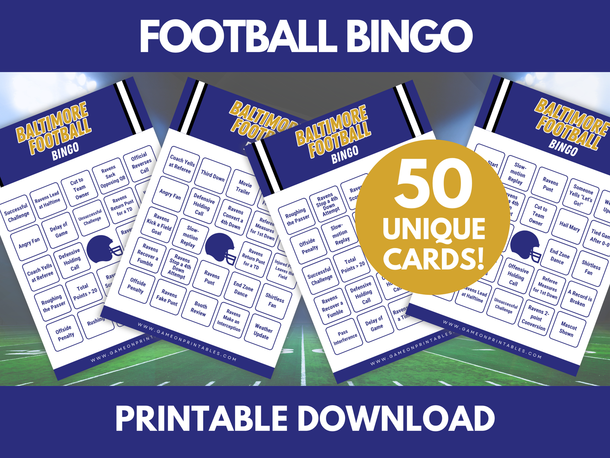 Baltimore Football Game Day Bingo Cards