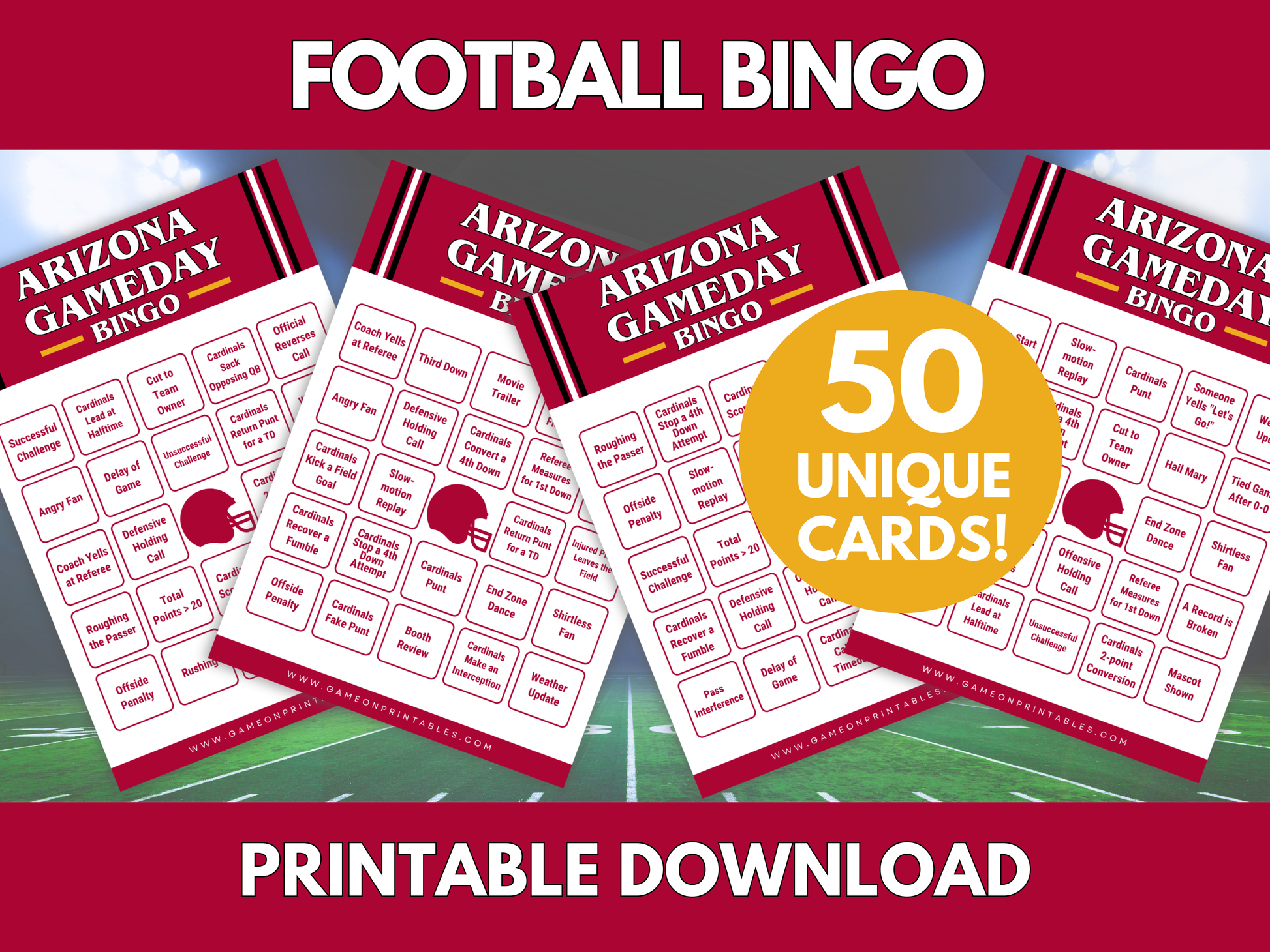 Arizona Game Day Football Bingo Cards