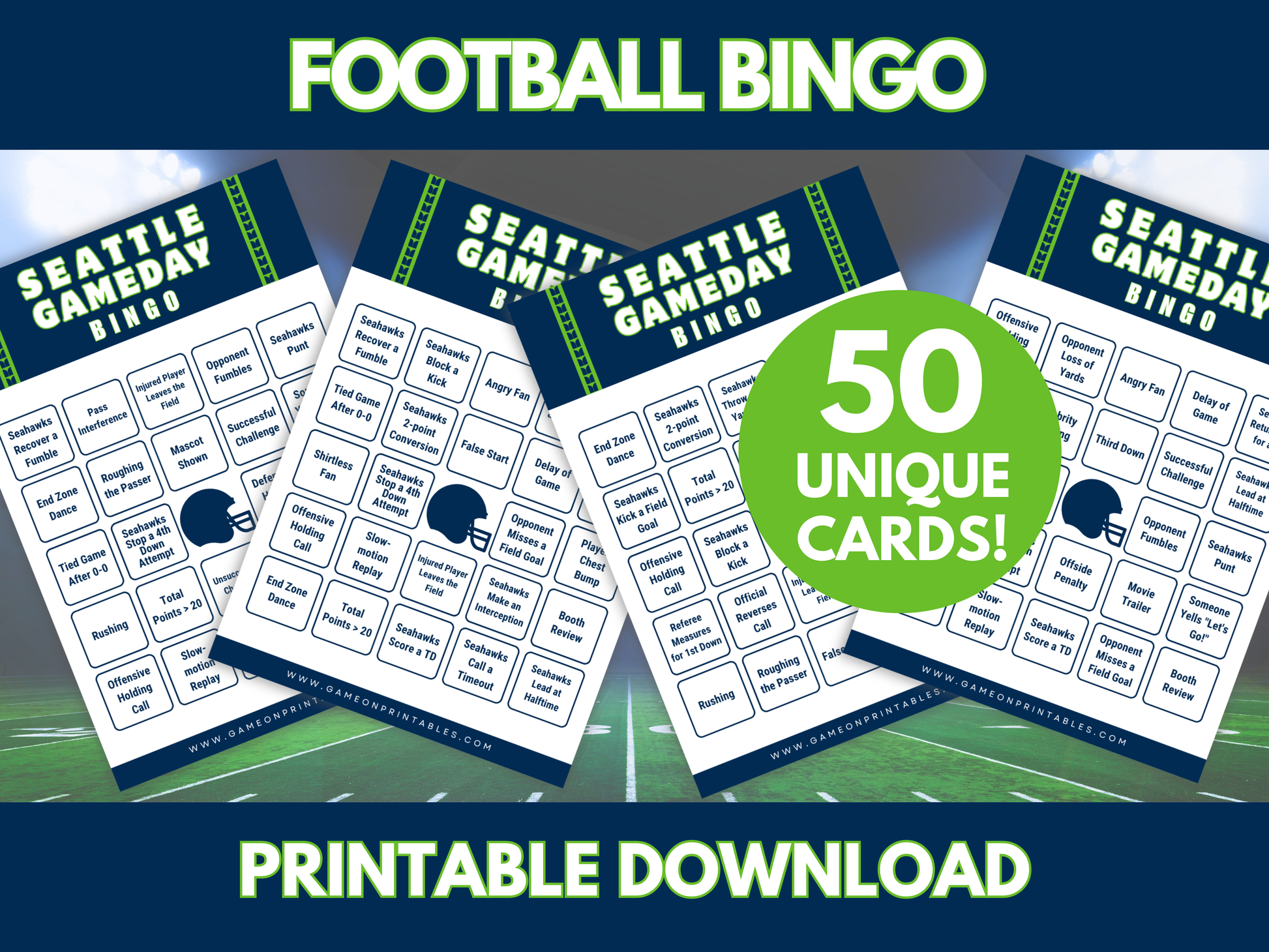 Seattle Football Game Day Bingo Cards