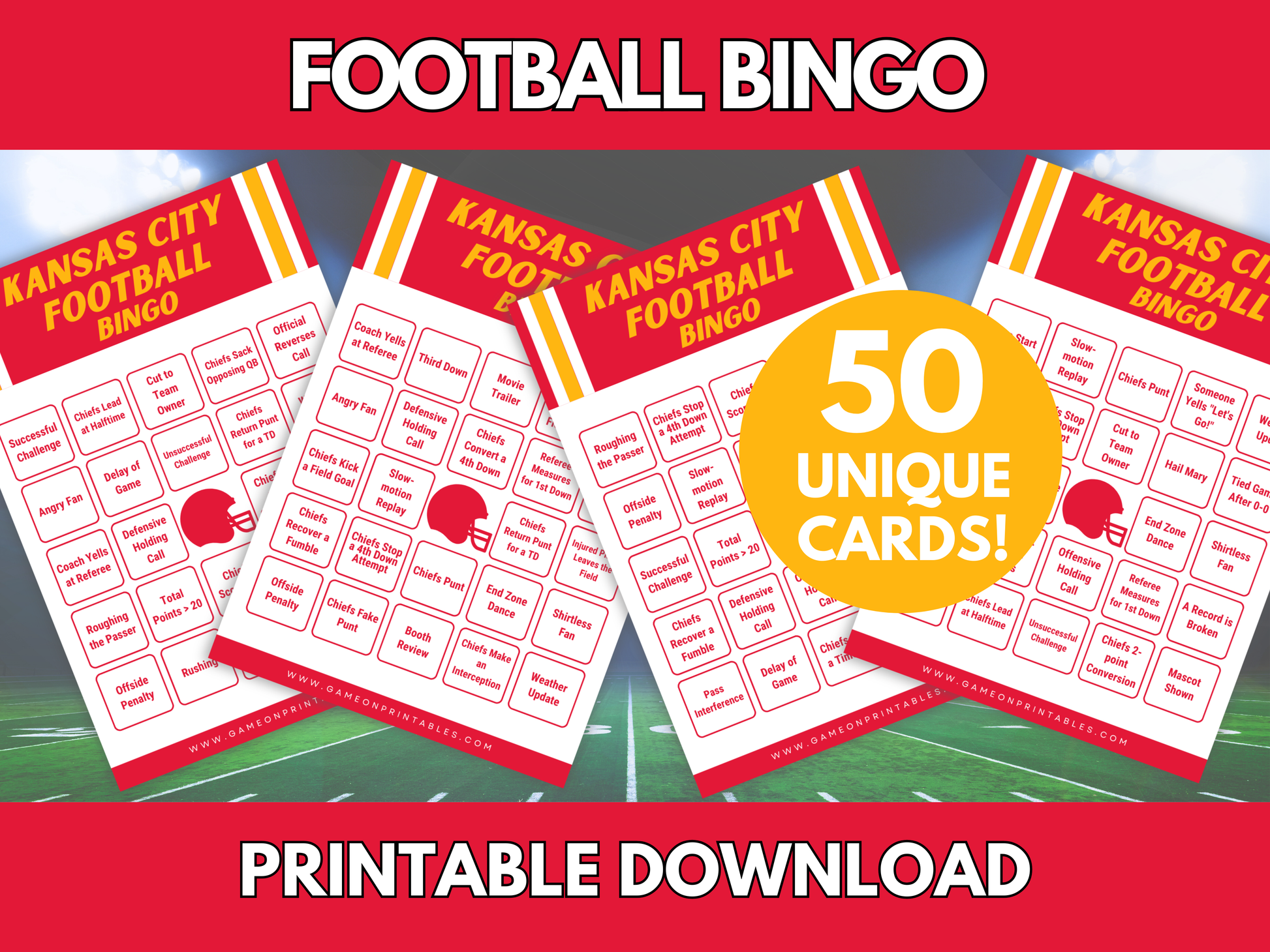 Kansas City Game Day Football Bingo Cards