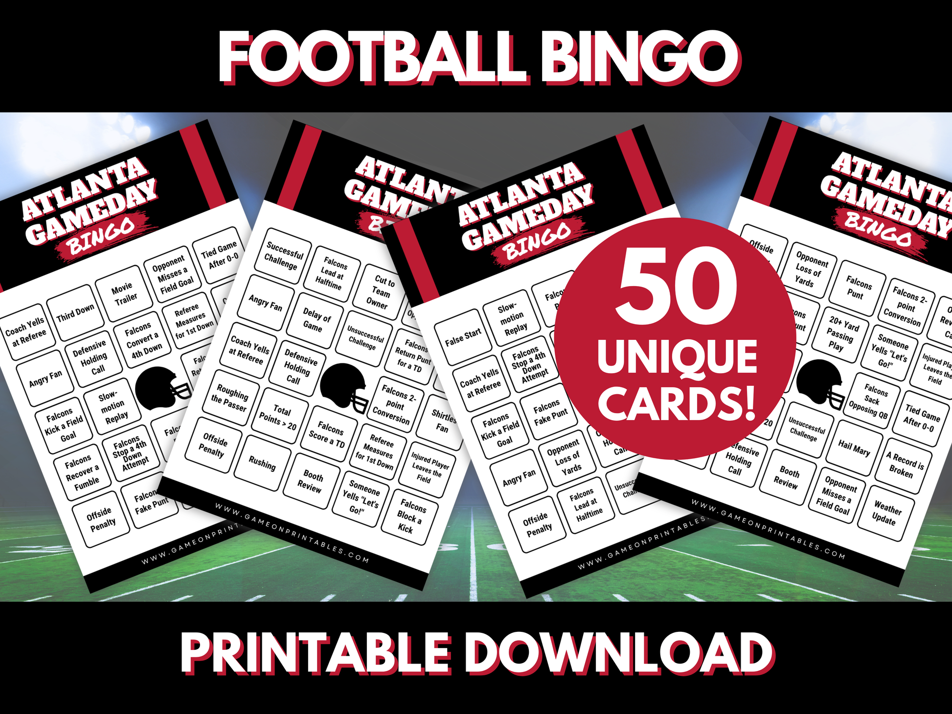 Atlanta Football Game Day Bingo Cards