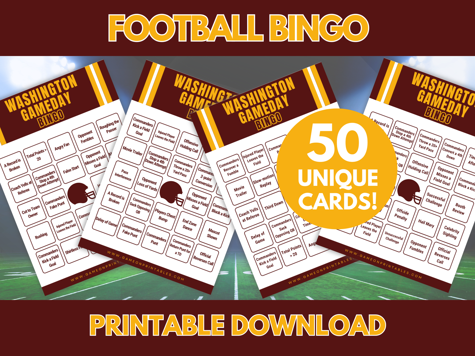 Washington Game Day Football Bingo Cards