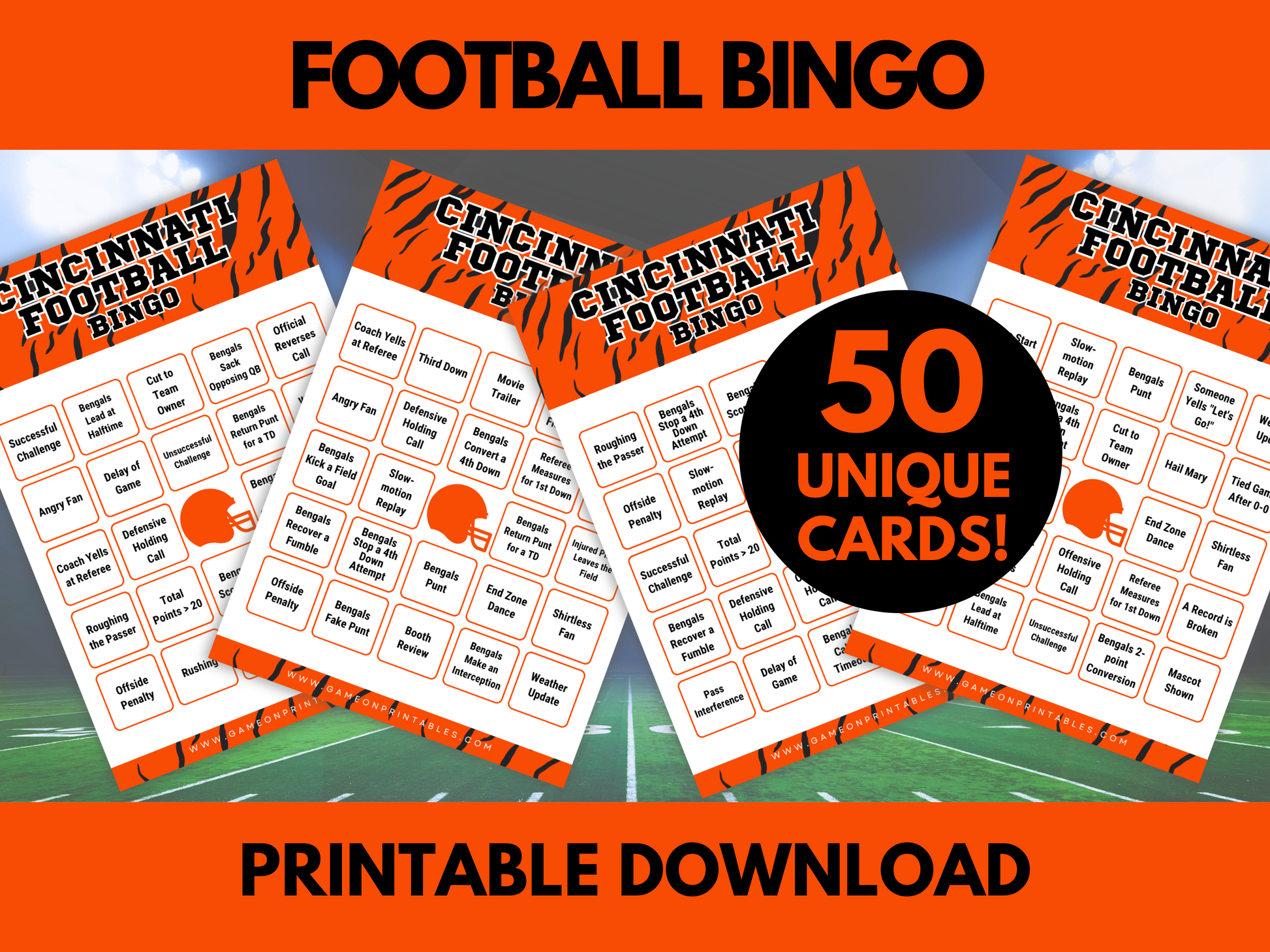 Cincinnati Football Game Day Bingo Cards