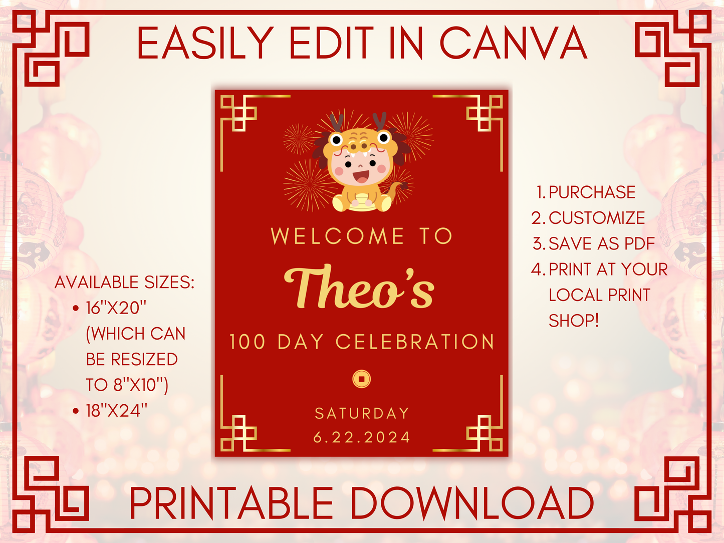 100 day Celebration Party Sign, Red Egg and Ginger party sign