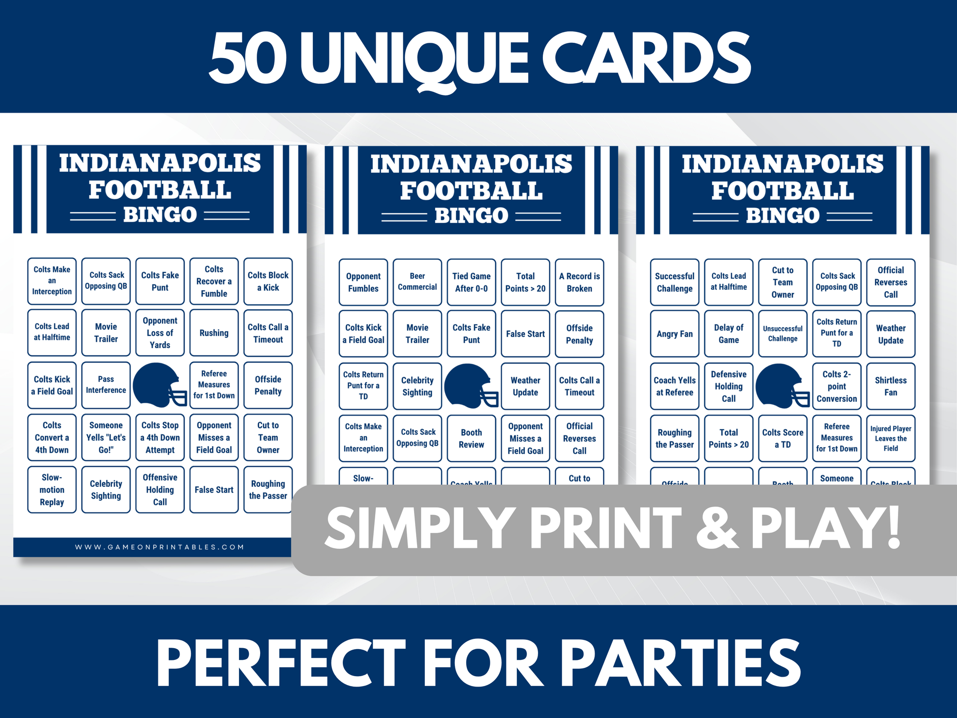 Indianapolis Football Game Day Bingo Cards