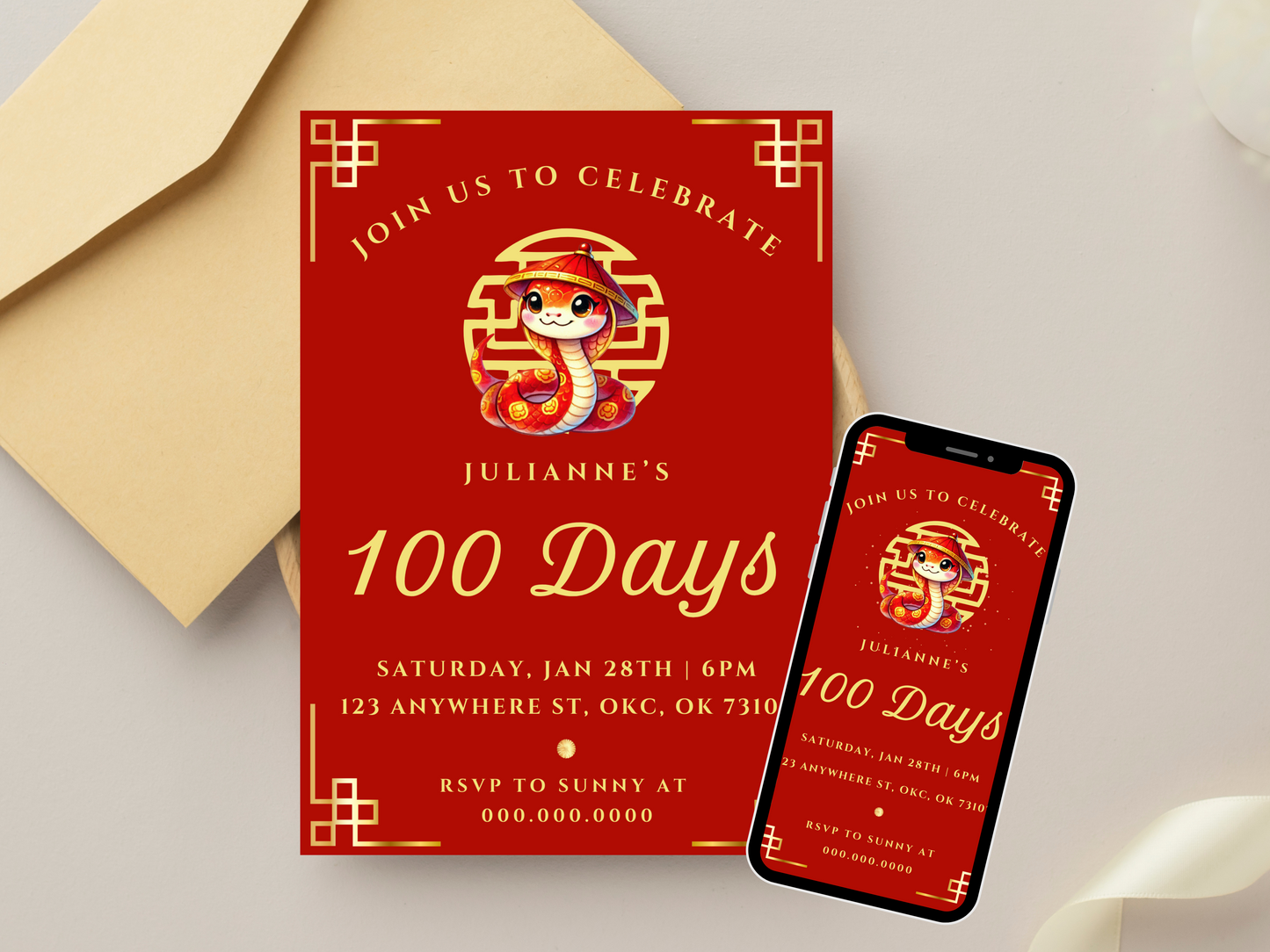 100 day, red egg and ginger party invitation