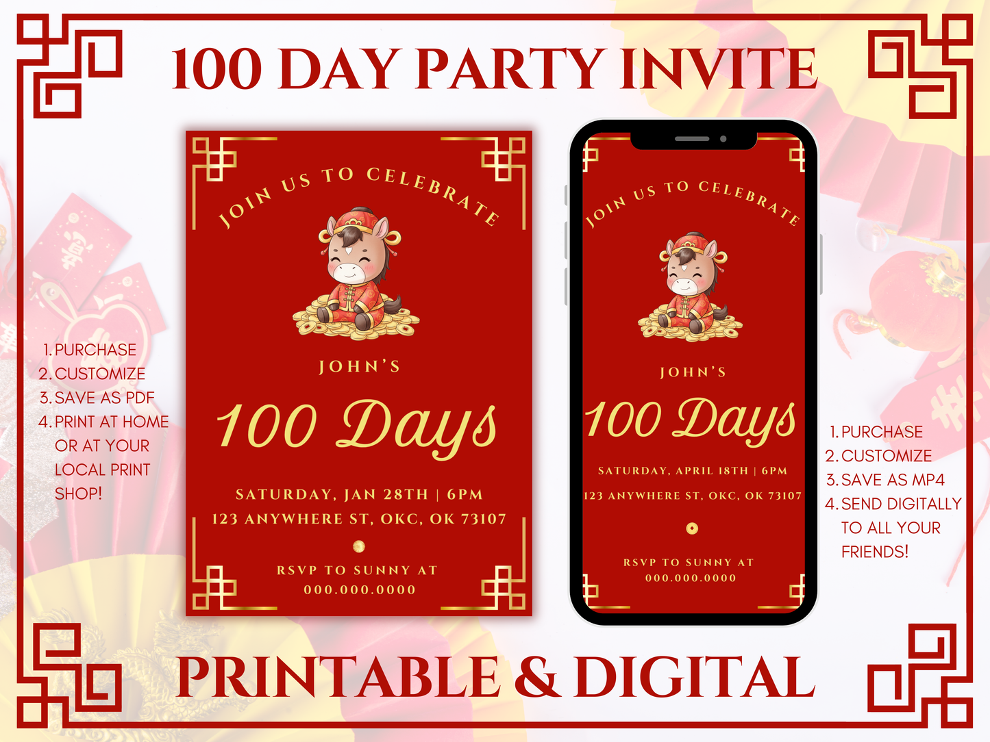 100 day year of the horse party invitation 