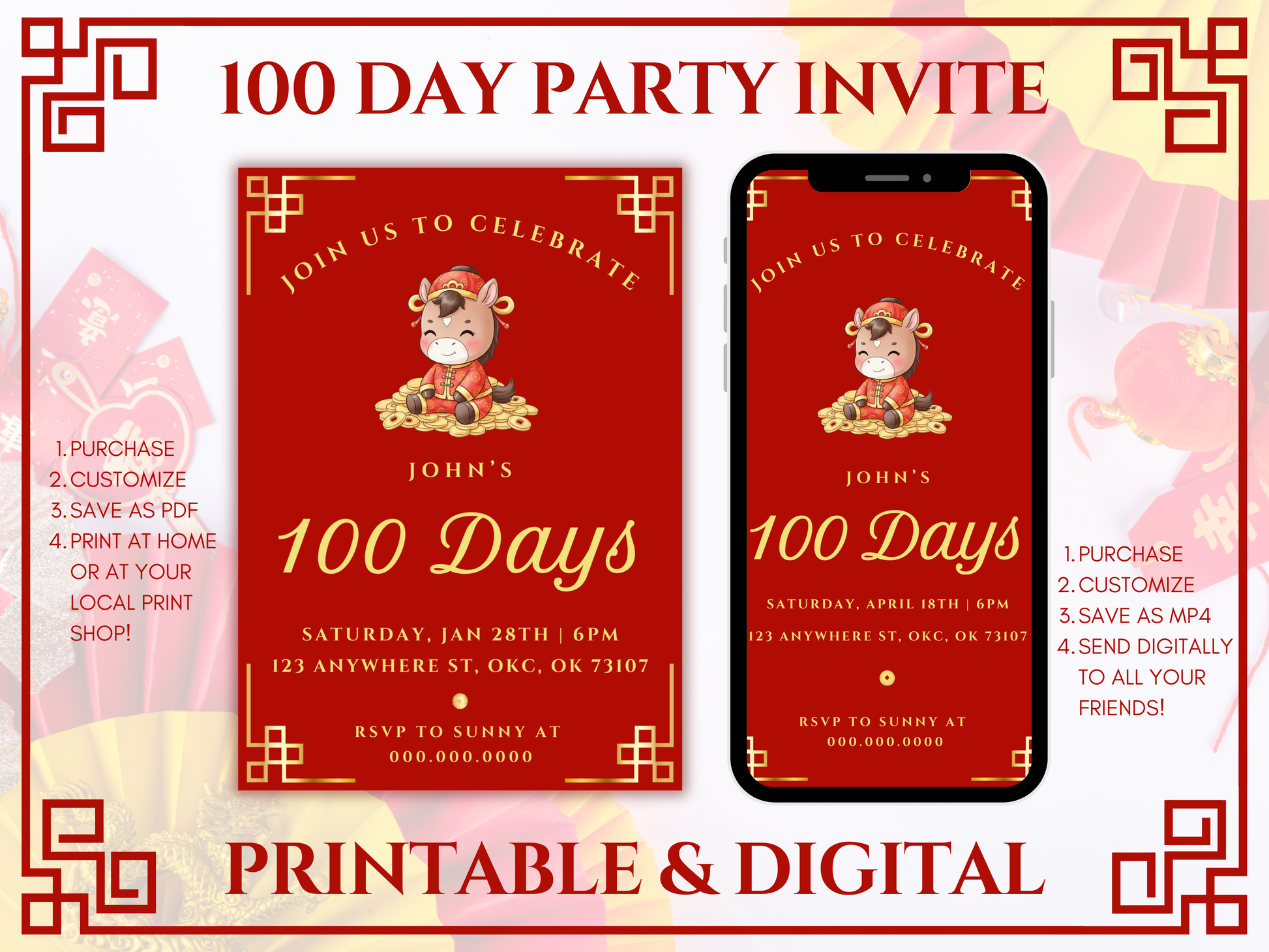 100 day year of the horse party invitation 