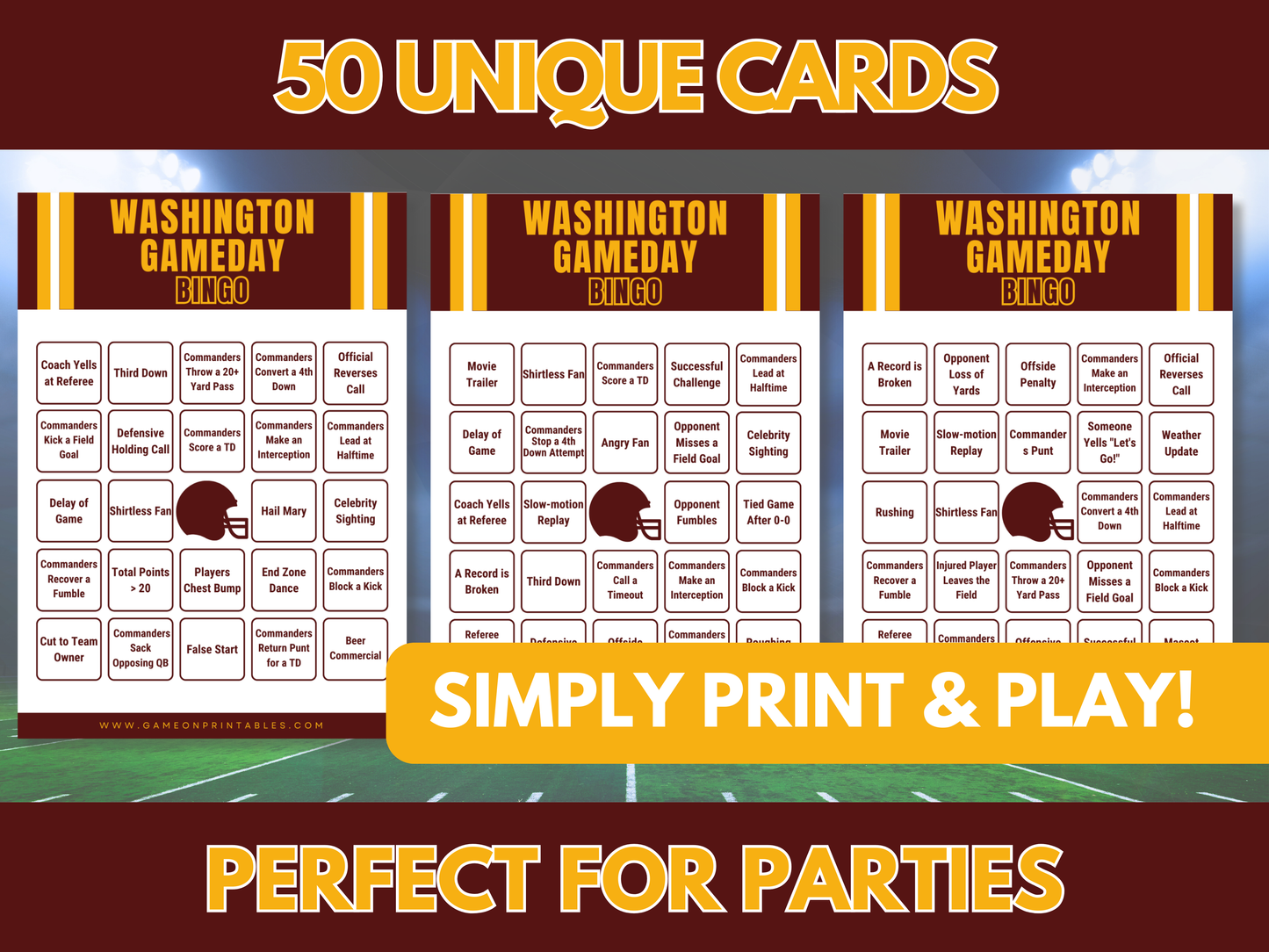 Washington Game Day Football Bingo Cards