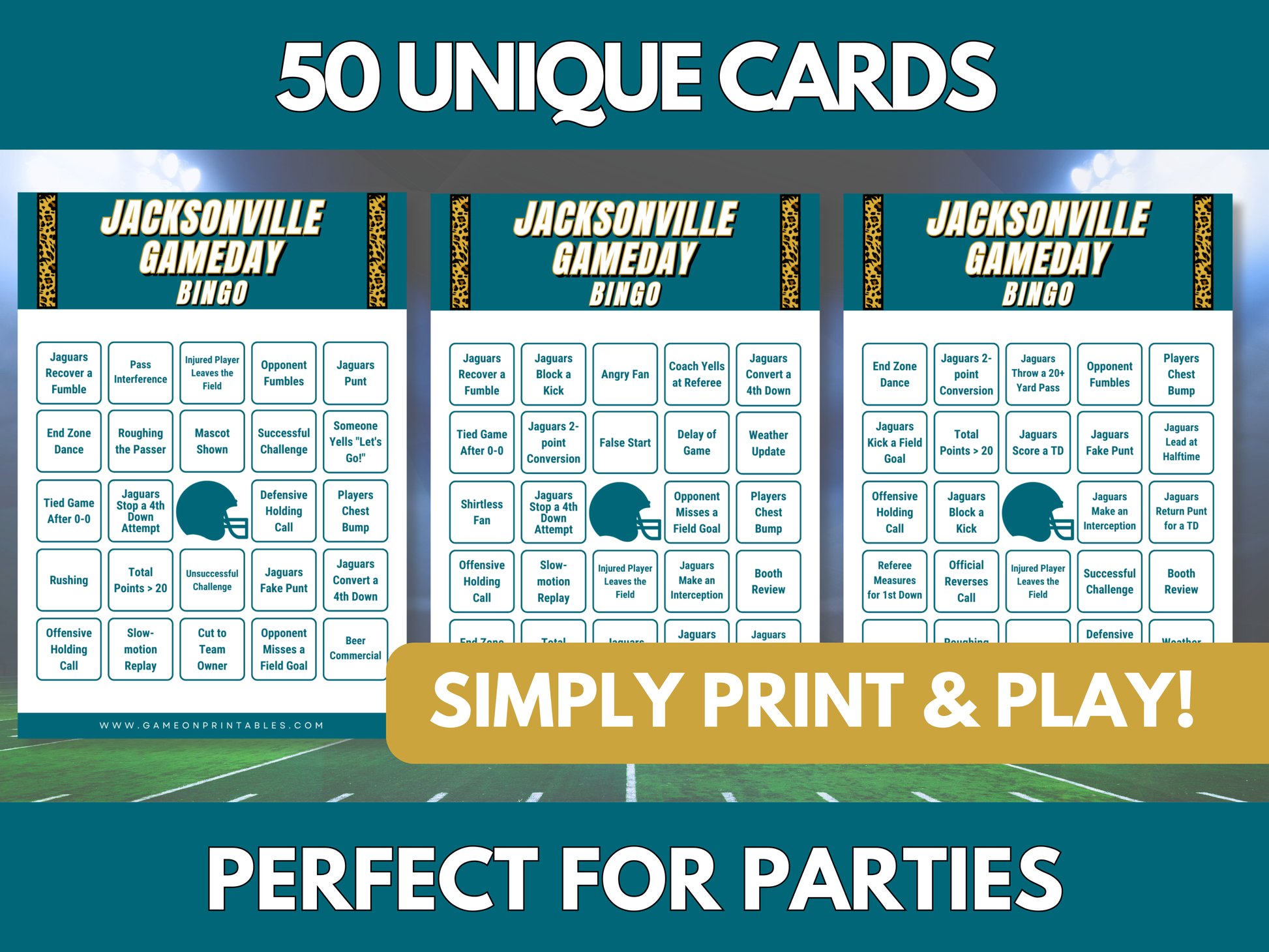 Jacksonville Game Day Football Bingo Cards