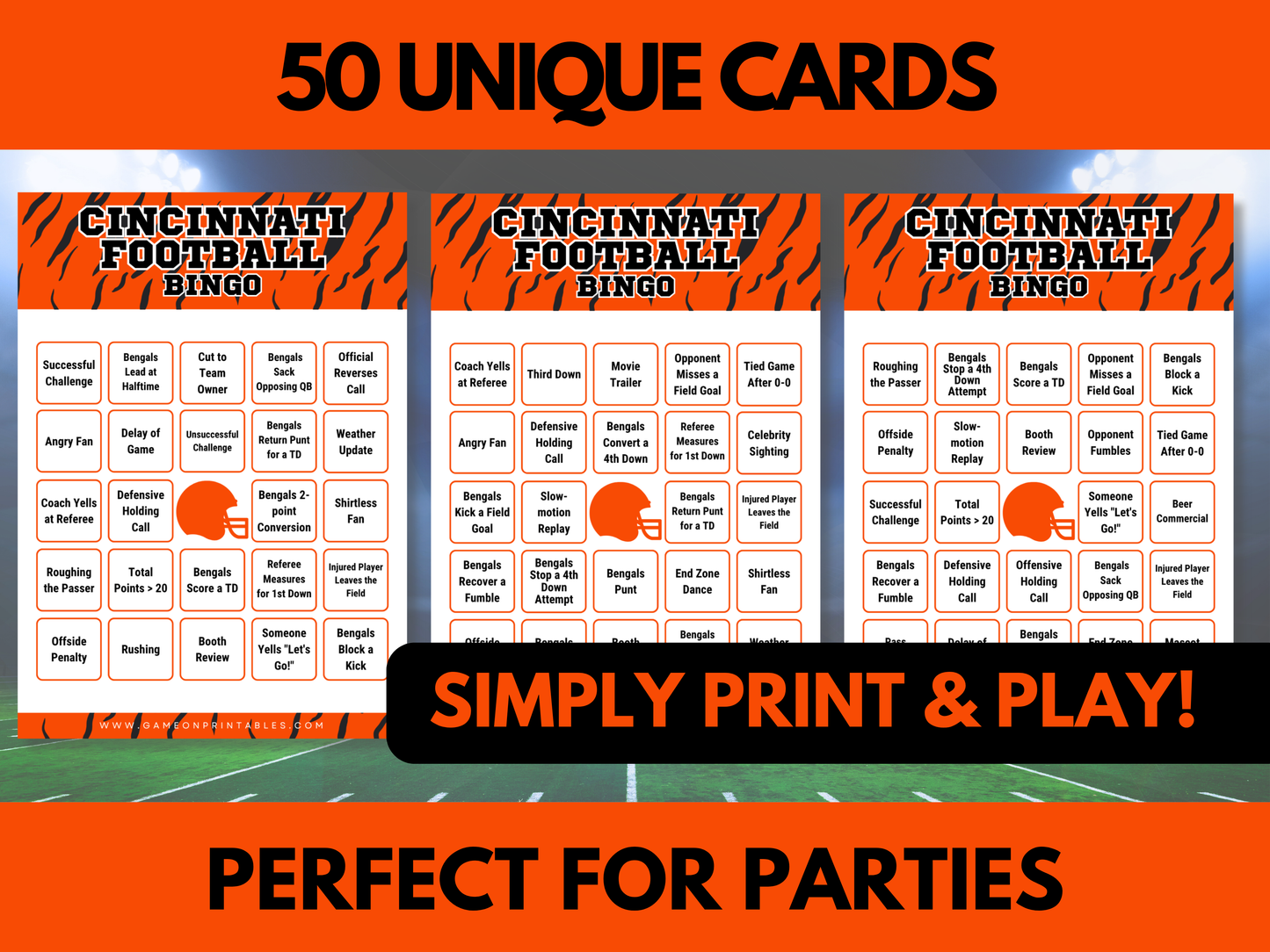 Cincinnati Football Game Day Bingo Cards