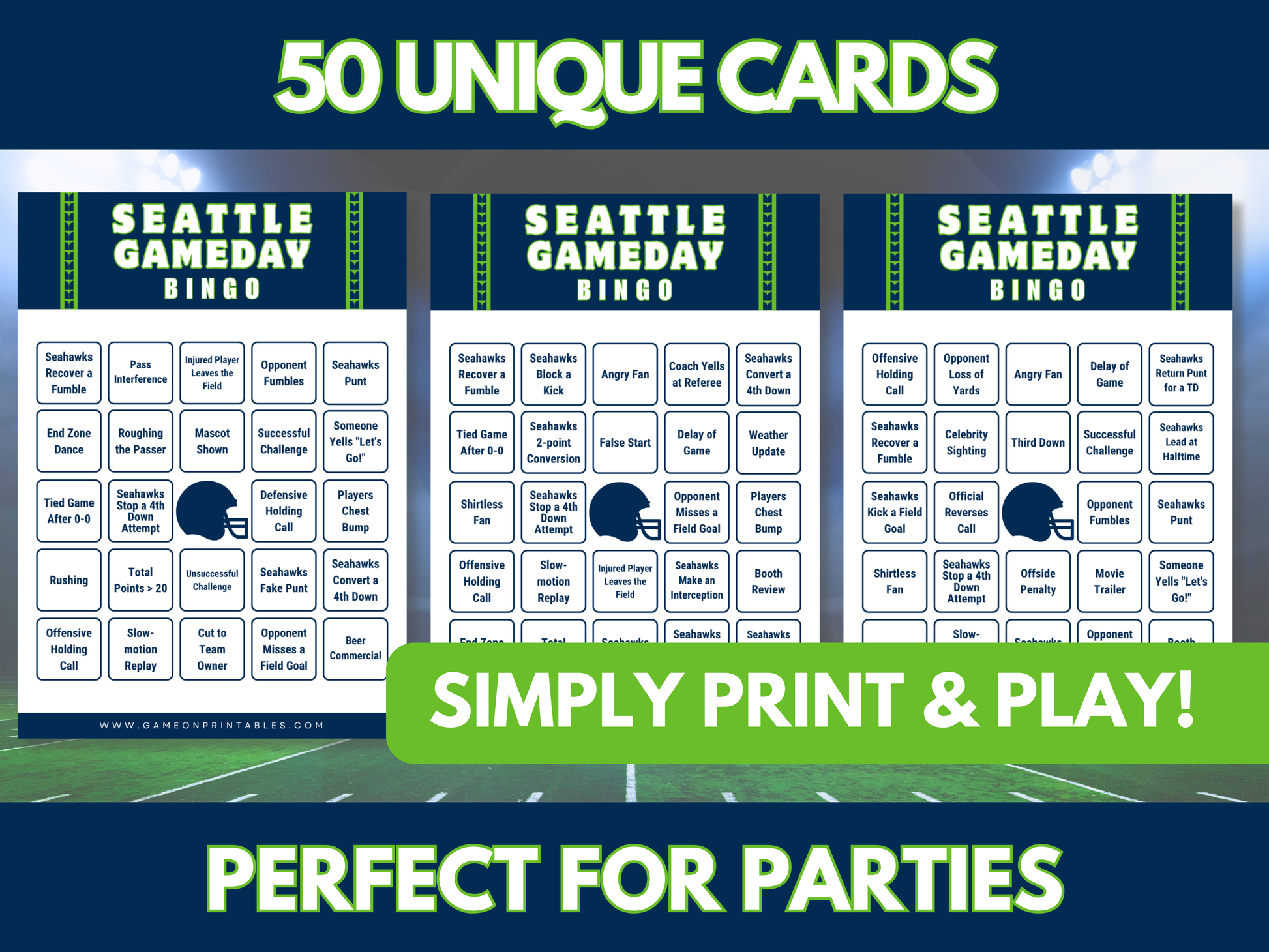 Seattle Football Game Day Bingo Cards