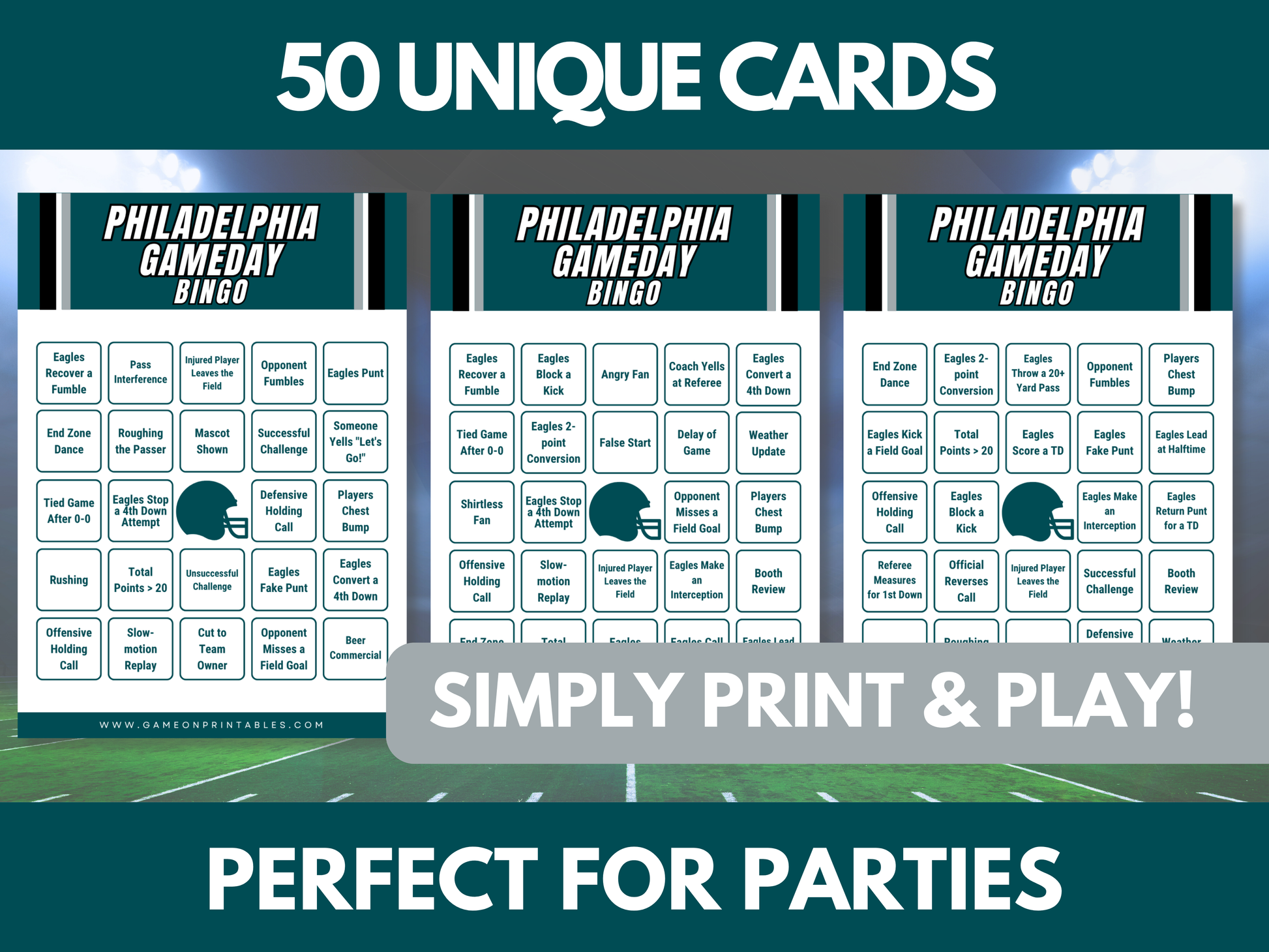 Philadelphia Football Game Day Bingo Cards